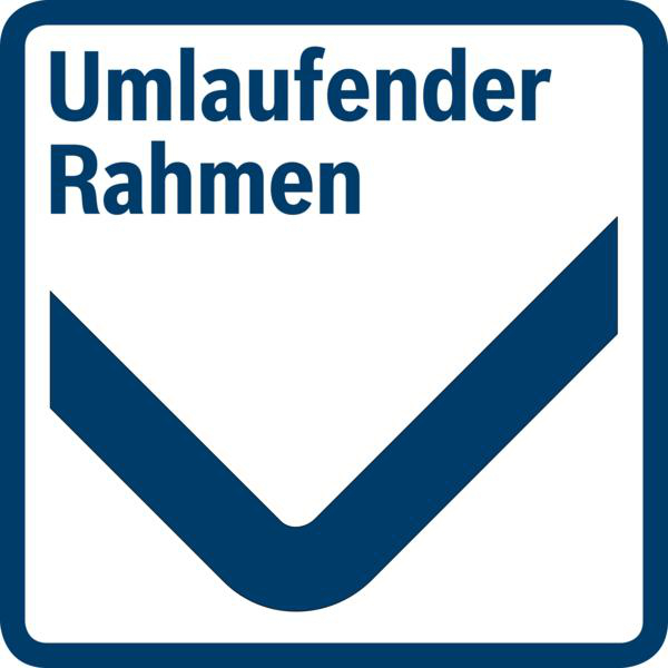 Ein blaues Quadrat mit einem weißen Häkchen in V-Form und Text: Umlaufender Rahmen.
