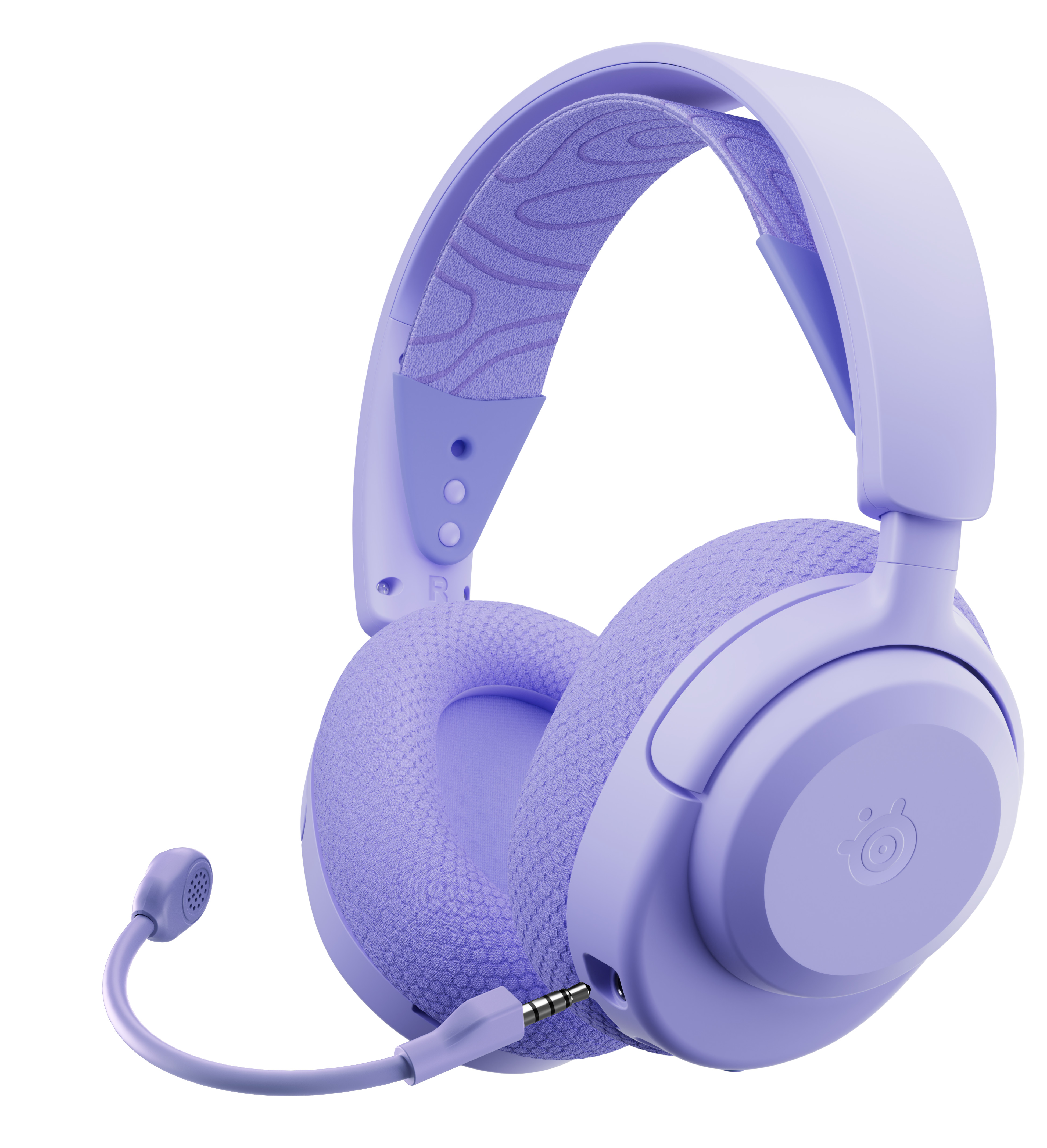 Fioletowy zestaw słuchawkowy z mikrofonem. Zestaw słuchawkowy ma wzorzystą opaskę. Tło jest białe.