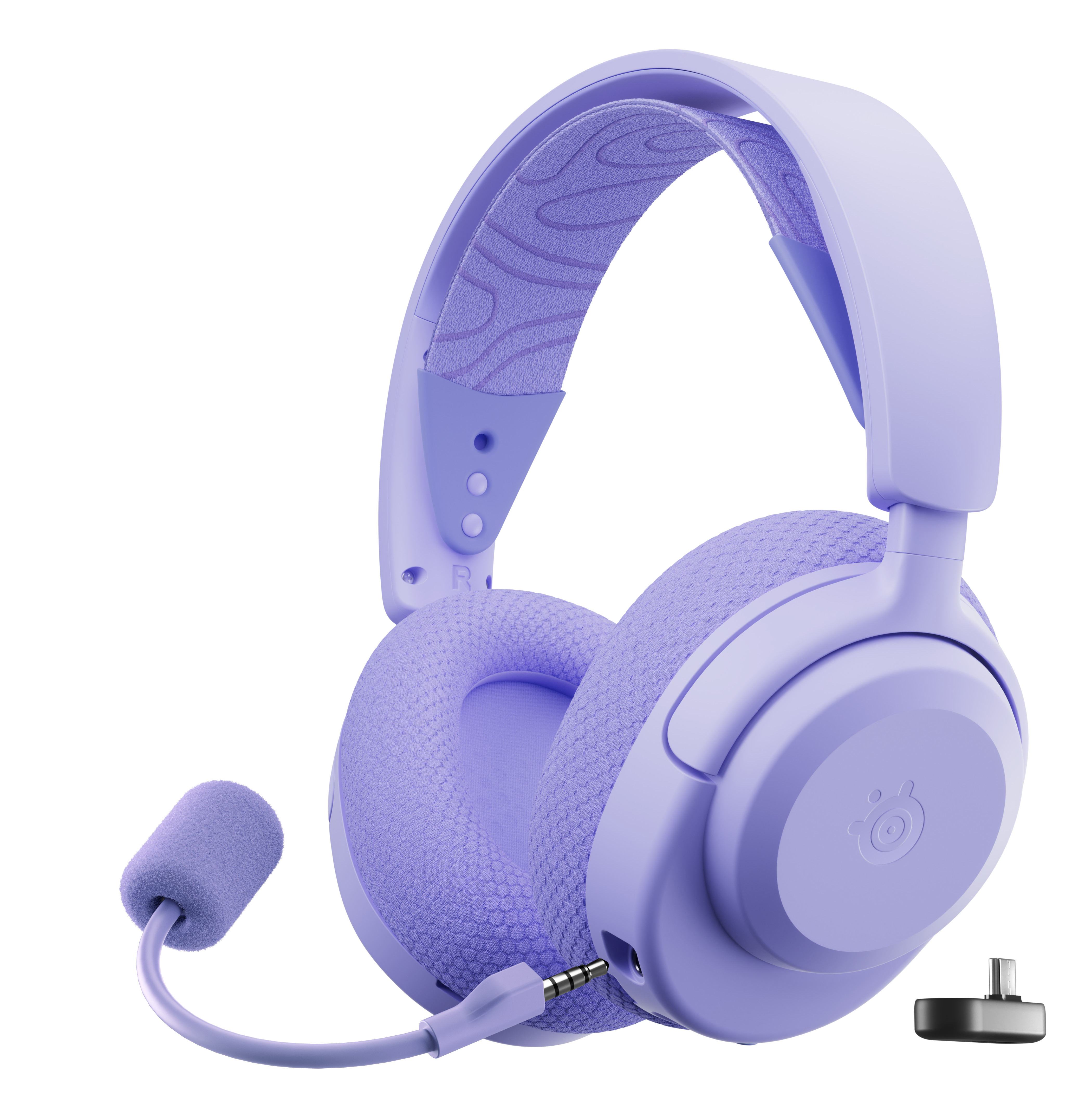 Fioletowy zestaw słuchawkowy z mikrofonem i kluczem USB-C. Tło jest białe.