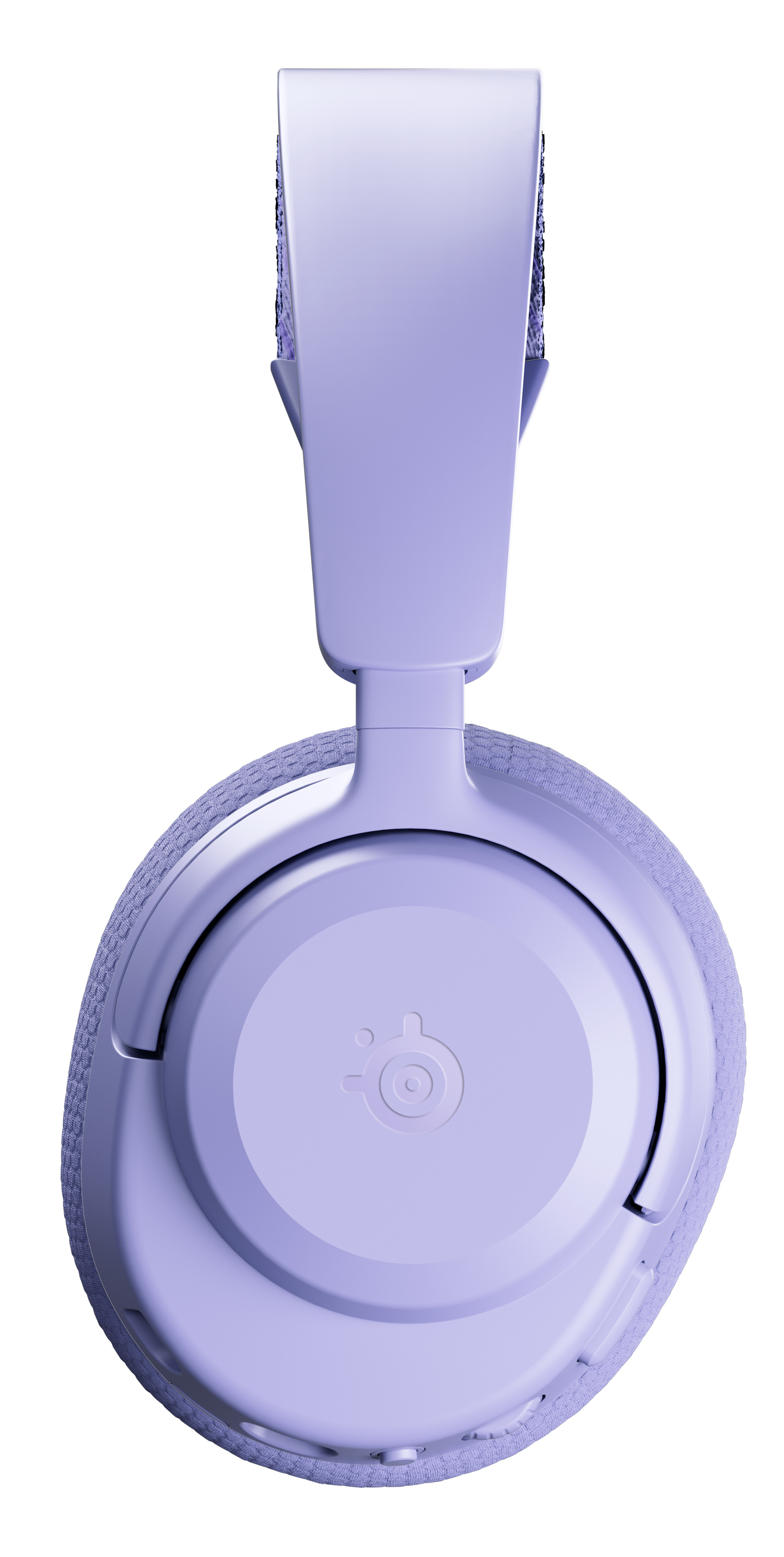 Fioletowe słuchawki nauszne, widok z góry, białe tło.