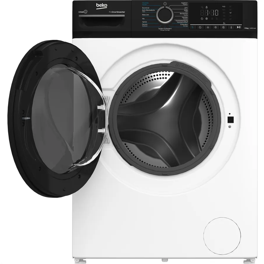 Lavatrice bianca con porta nera aperta. Vista frontale, elettrodomestico. Sfondo bianco.