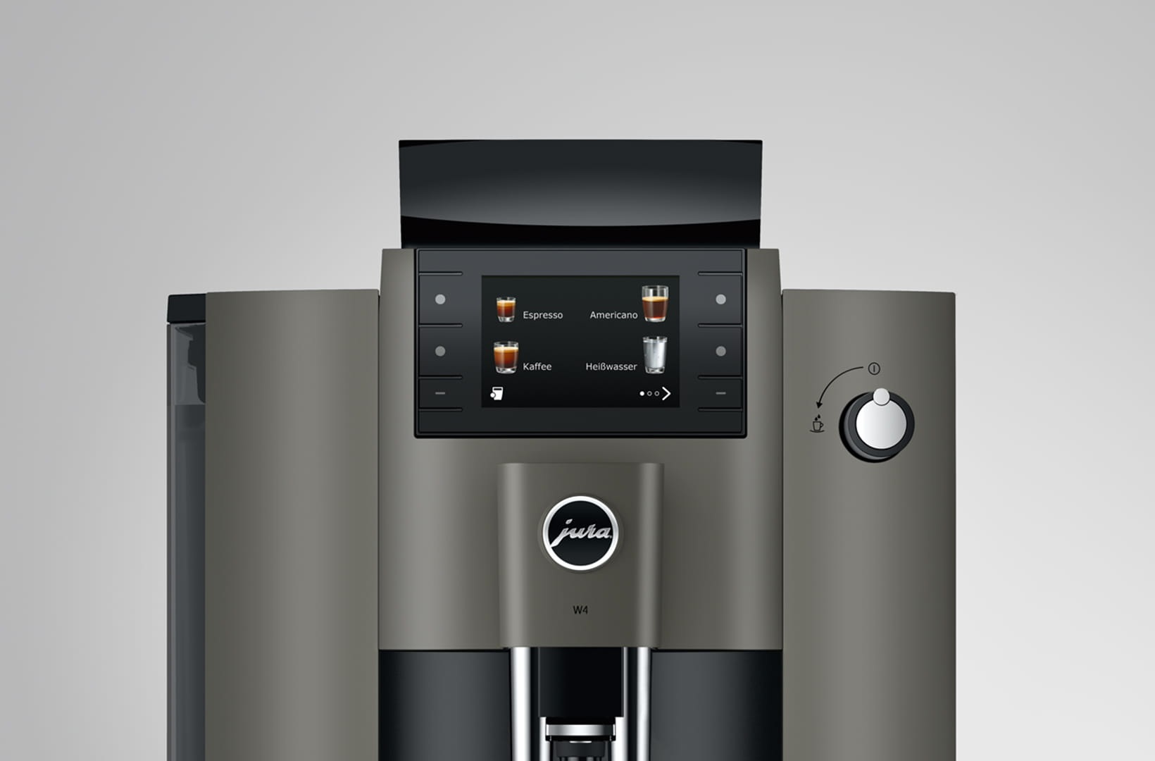Primo piano del display di una macchina da caffè che mostra le opzioni di bevande. Design grigio e nero.
