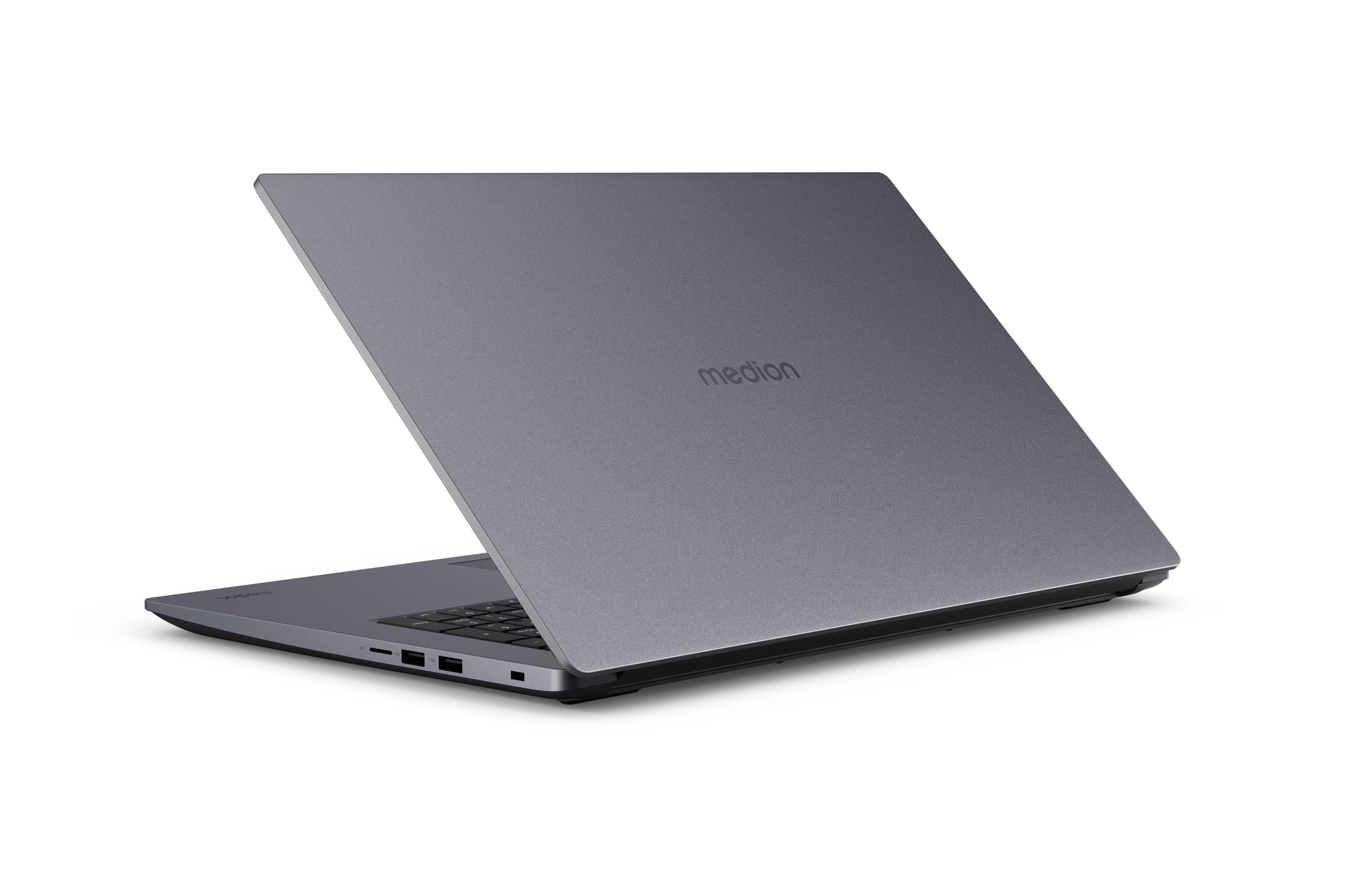 Ein grauer Laptop mit dem Medion-Logo auf dem Deckel, leicht geöffnet. Weißer Hintergrund.