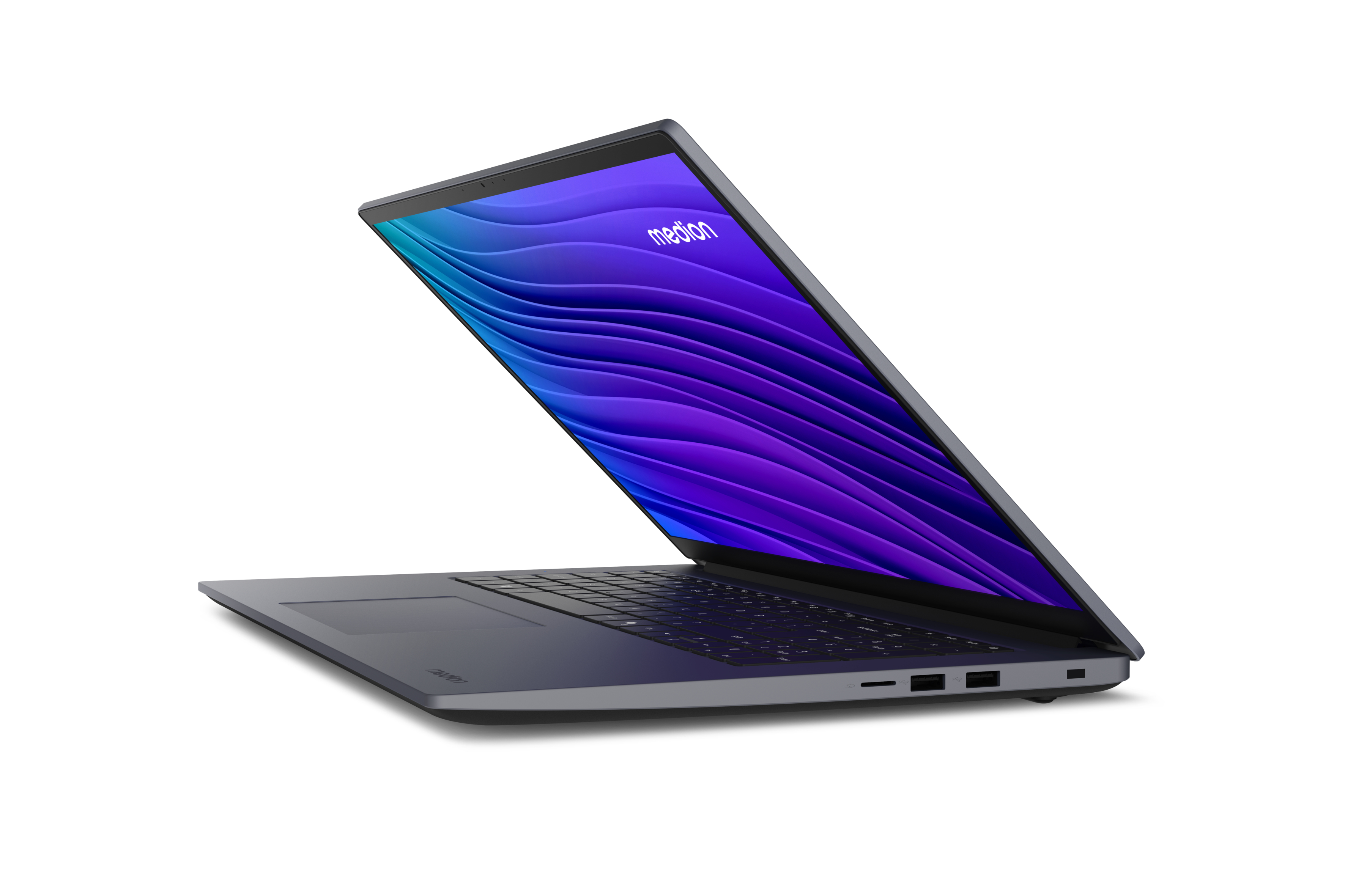 Laptop mit blau-violettem Bildschirm, Medion-Logo, teilweise geöffnet. Auf weißem Hintergrund.