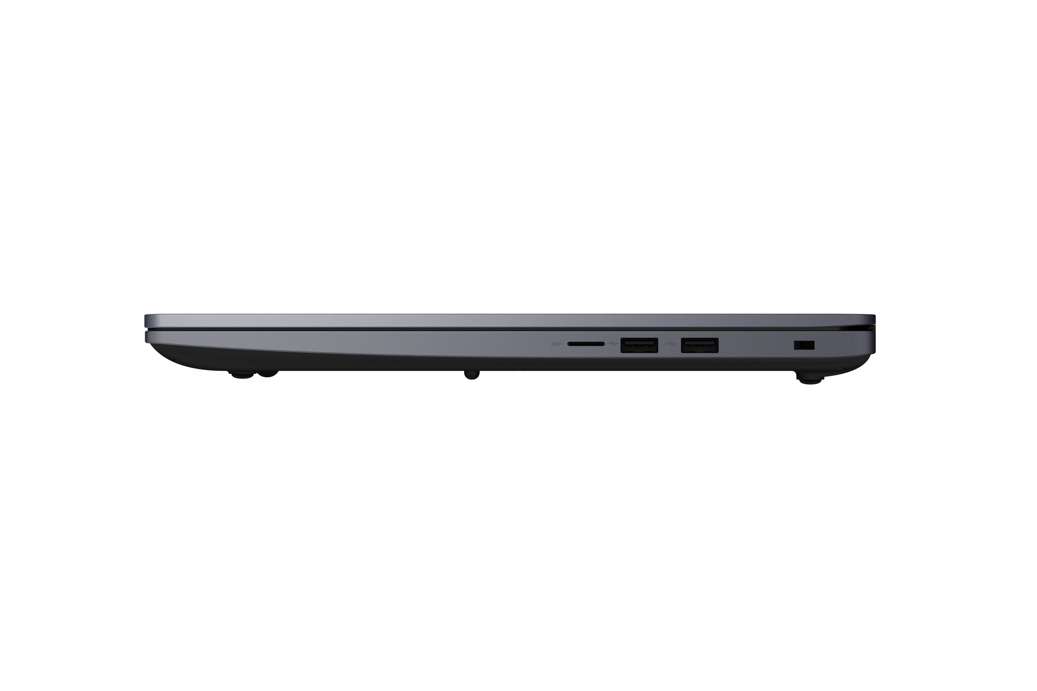 Seitenansicht eines Laptops mit Anschlüssen. Der Laptop ist dunkelgrau, auf weißem Hintergrund.
