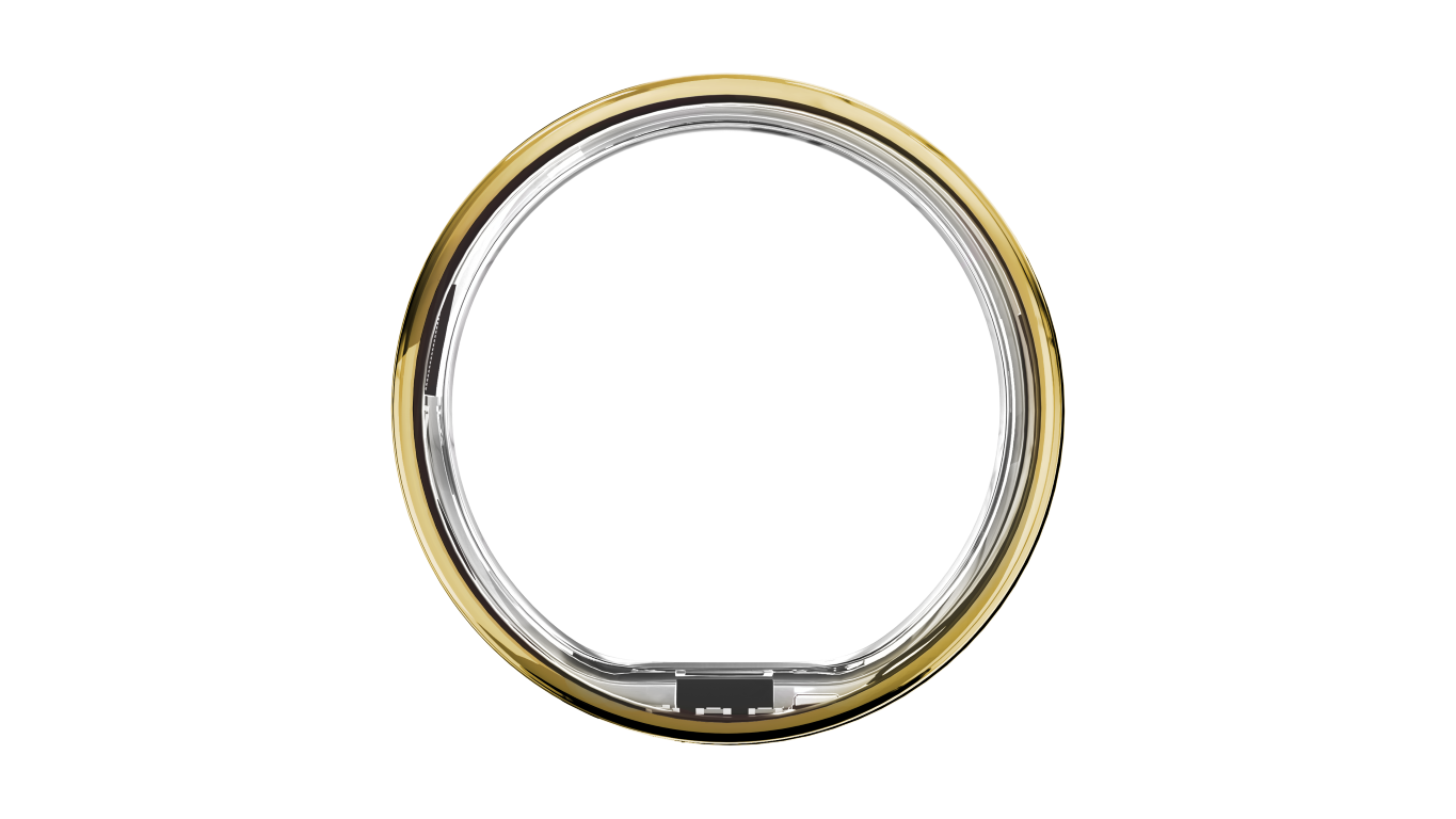 Widok z góry na złoty i srebrny smart ring na czarnym tle.