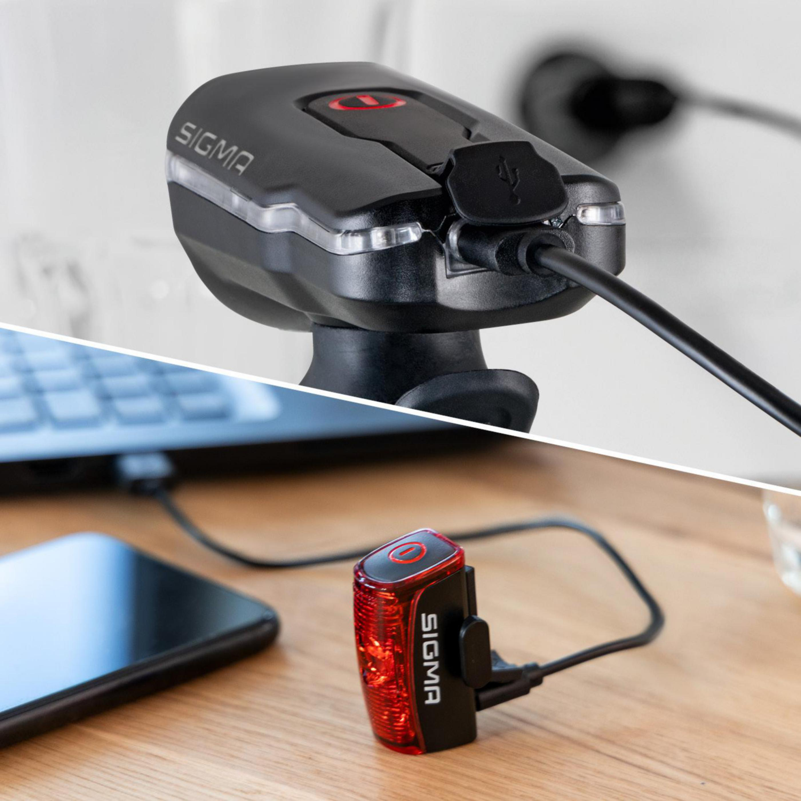 Schwarzes Fahrradlicht wird über USB geladen. Rotes Rücklicht ist verbunden.