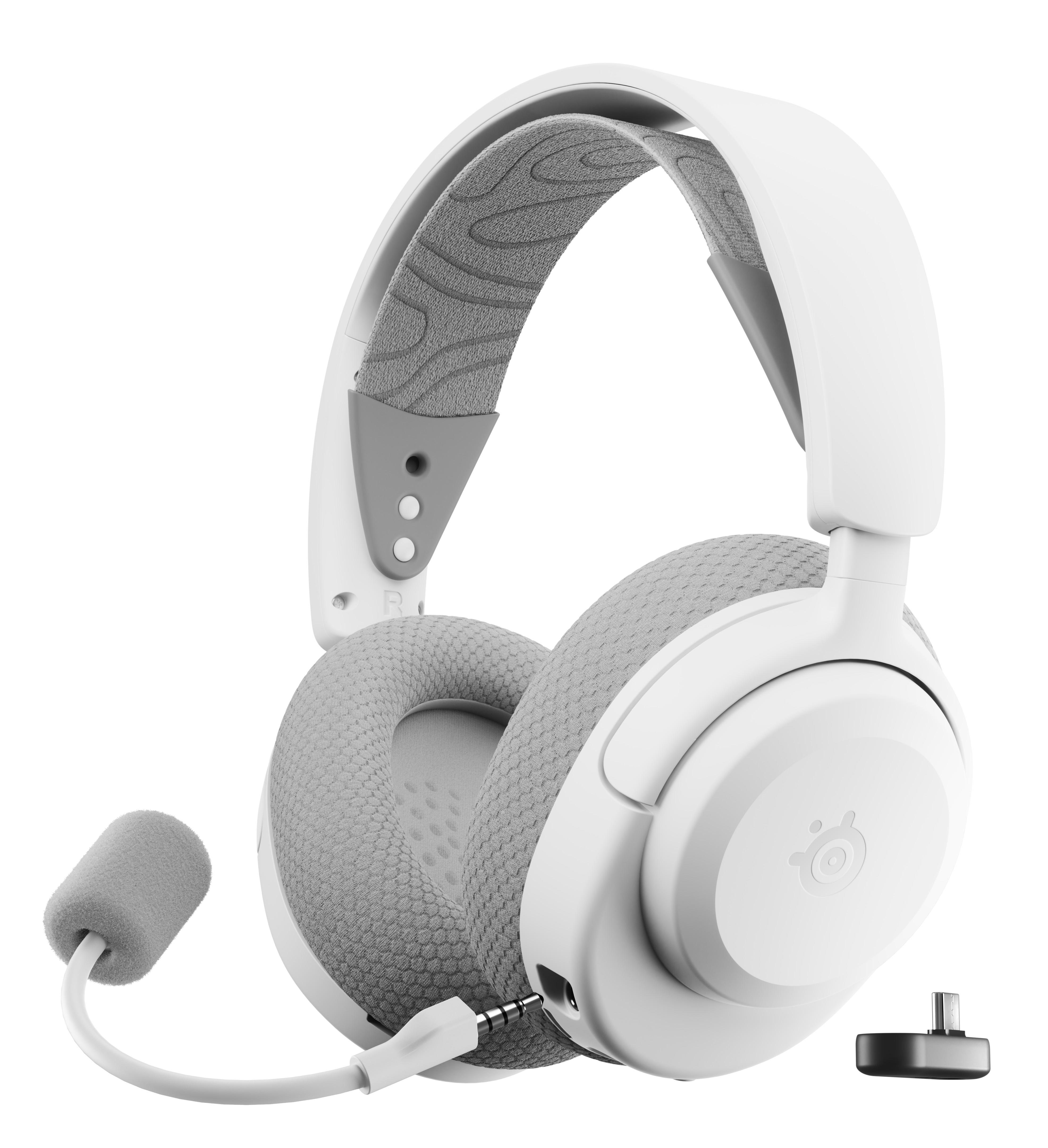 Biały zestaw słuchawkowy dla graczy, szare nauszniki i pałąk, mikrofon, gniazdo 3,5 mm i czarna podstawka ładująca.
