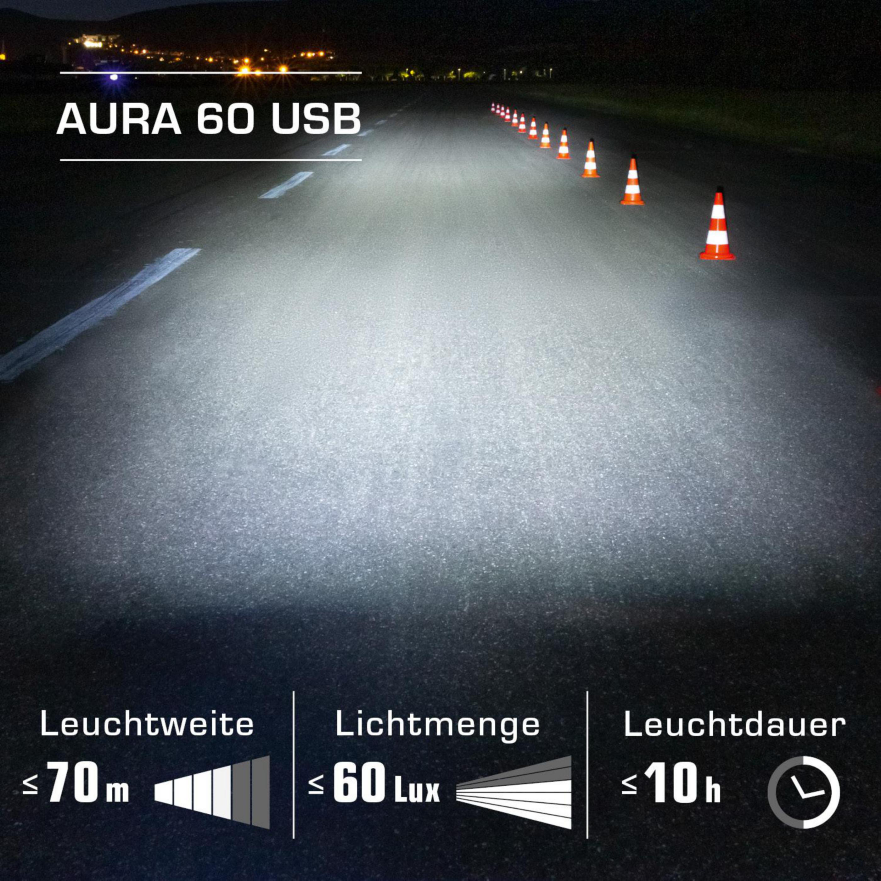 Fahrradlicht leuchtet auf Straße mit Kegeln. Text zeigt Reichweite und Dauer.