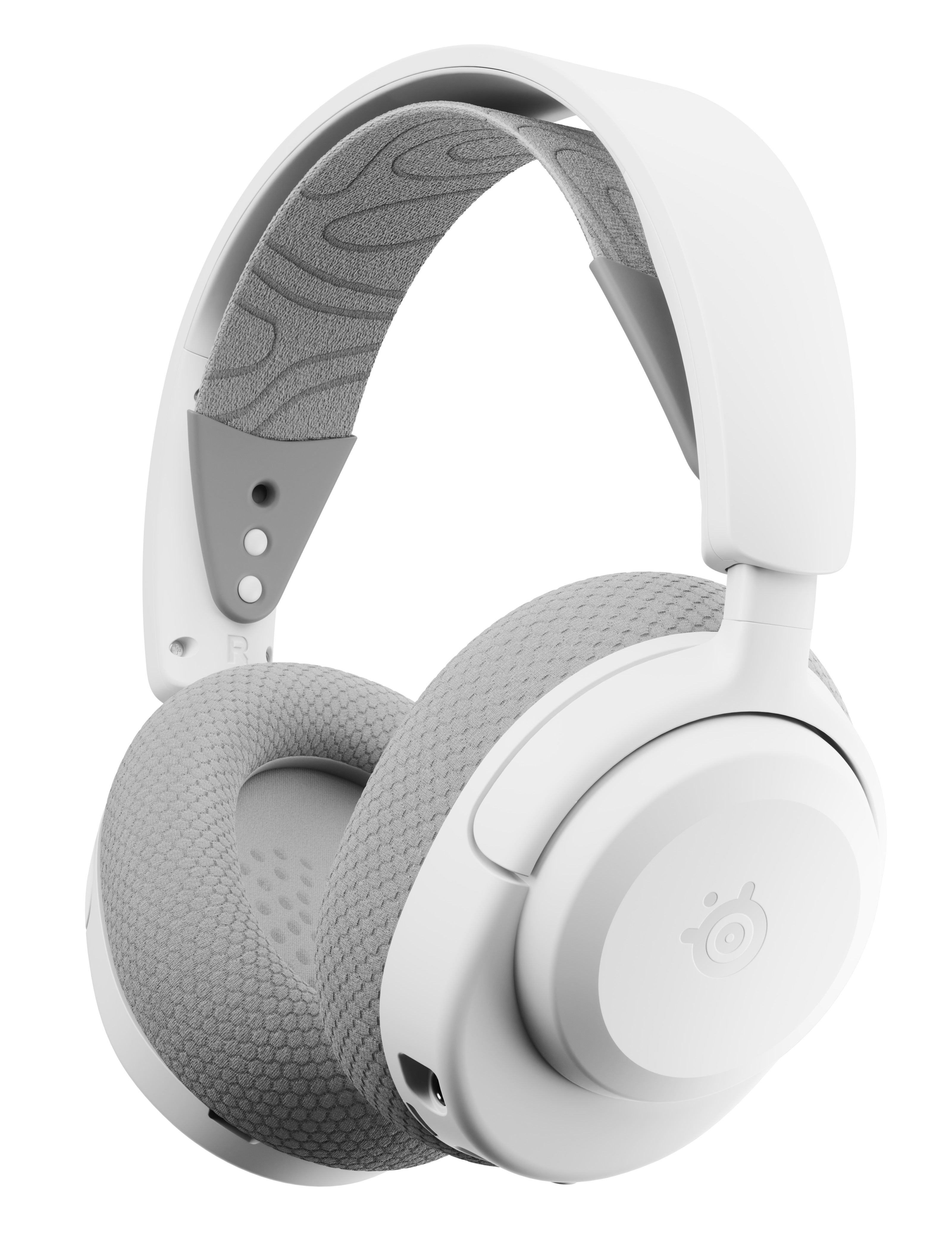 Biały zestaw słuchawkowy dla graczy z szarymi nausznikami i pałąkiem. Tło jest białe, zestaw jest pod kątem.