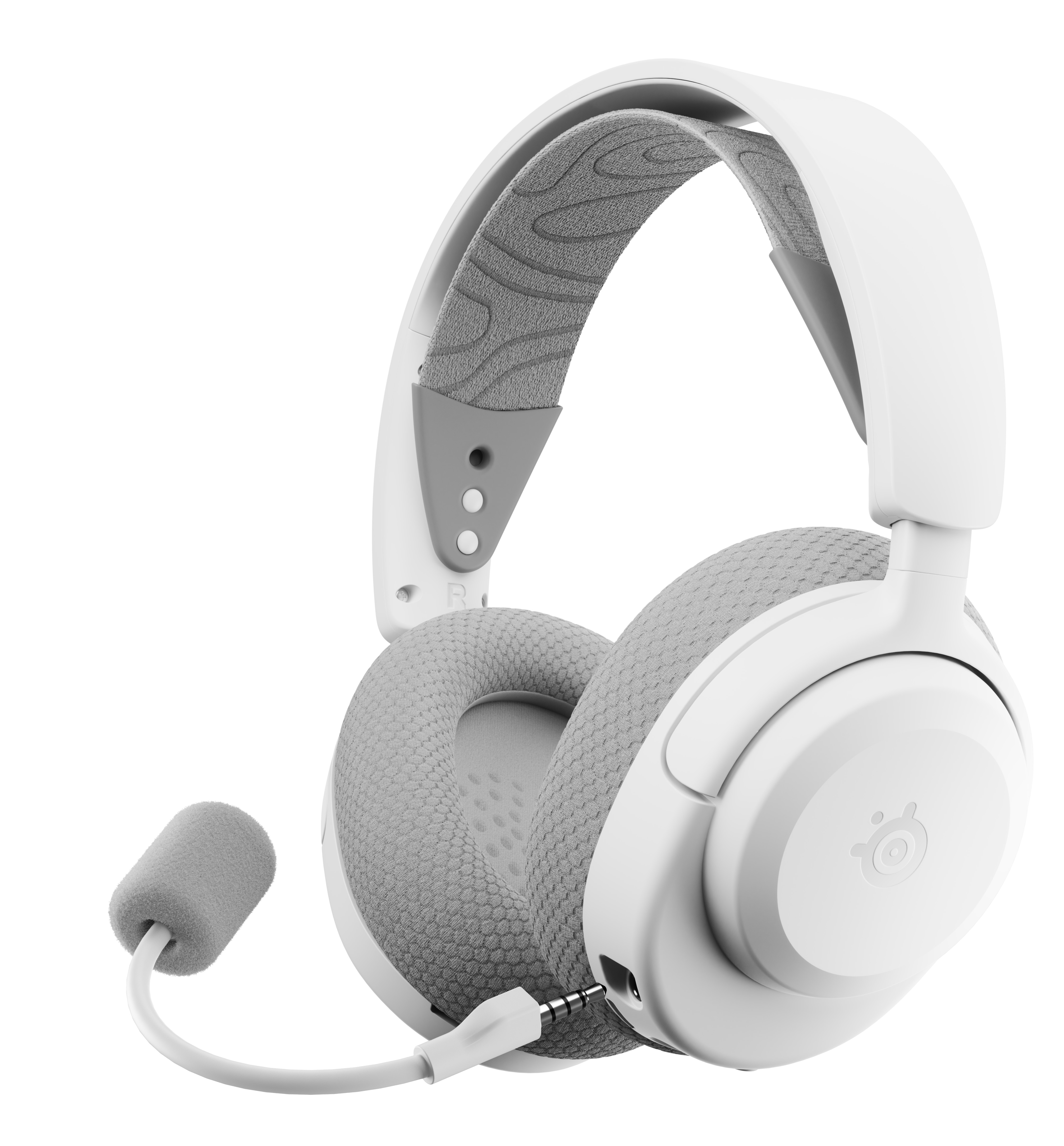 Biały zestaw słuchawkowy dla graczy z szarymi nausznikami, pałąkiem i mikrofonem. Tło jest białe.