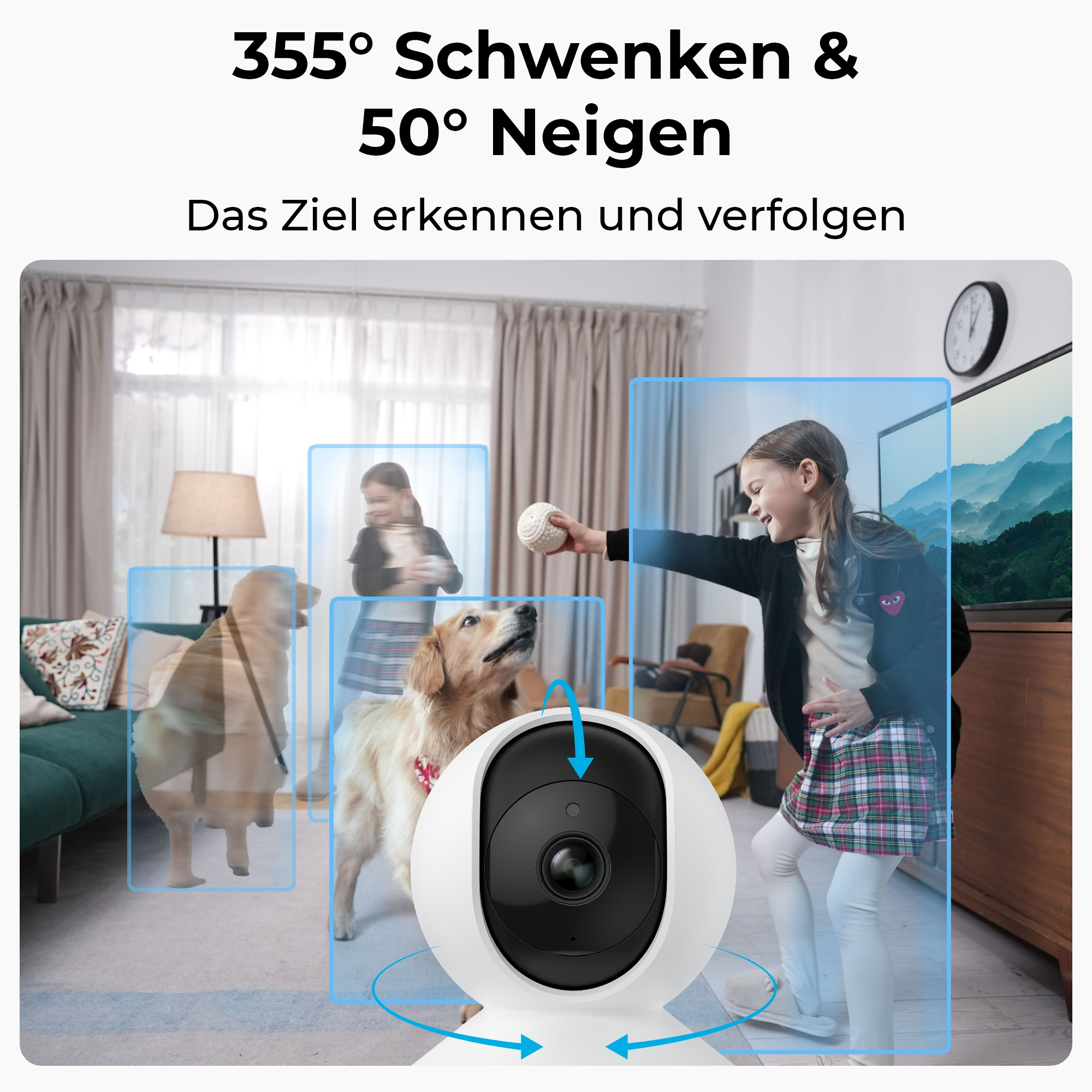 Eine Überwachungskamera mit einem Mädchen und einem Hund, mit blauen Verfolgungslinien.