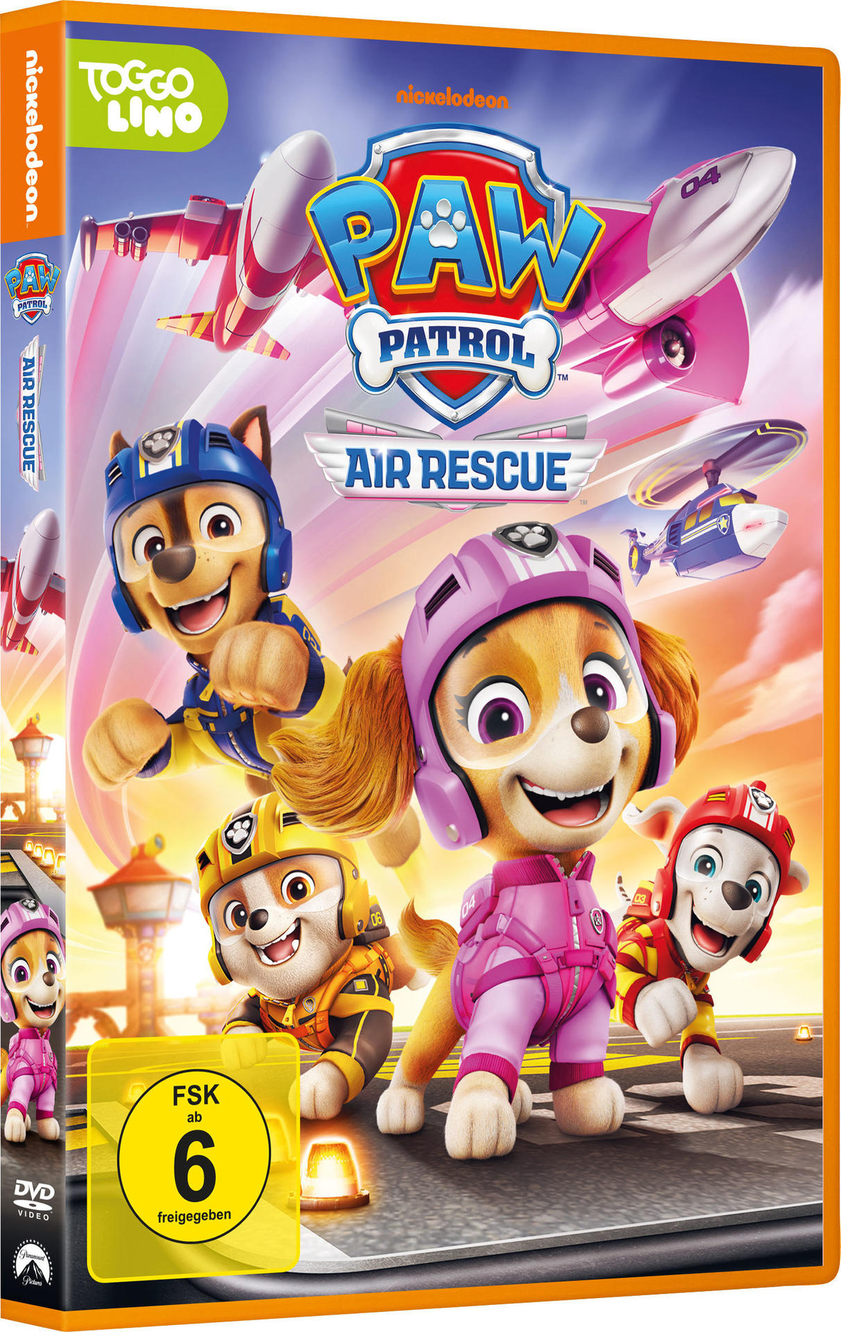DVD-Cover von Paw Patrol: Air Rescue mit Zeichentrickhunden und Flugzeugen.