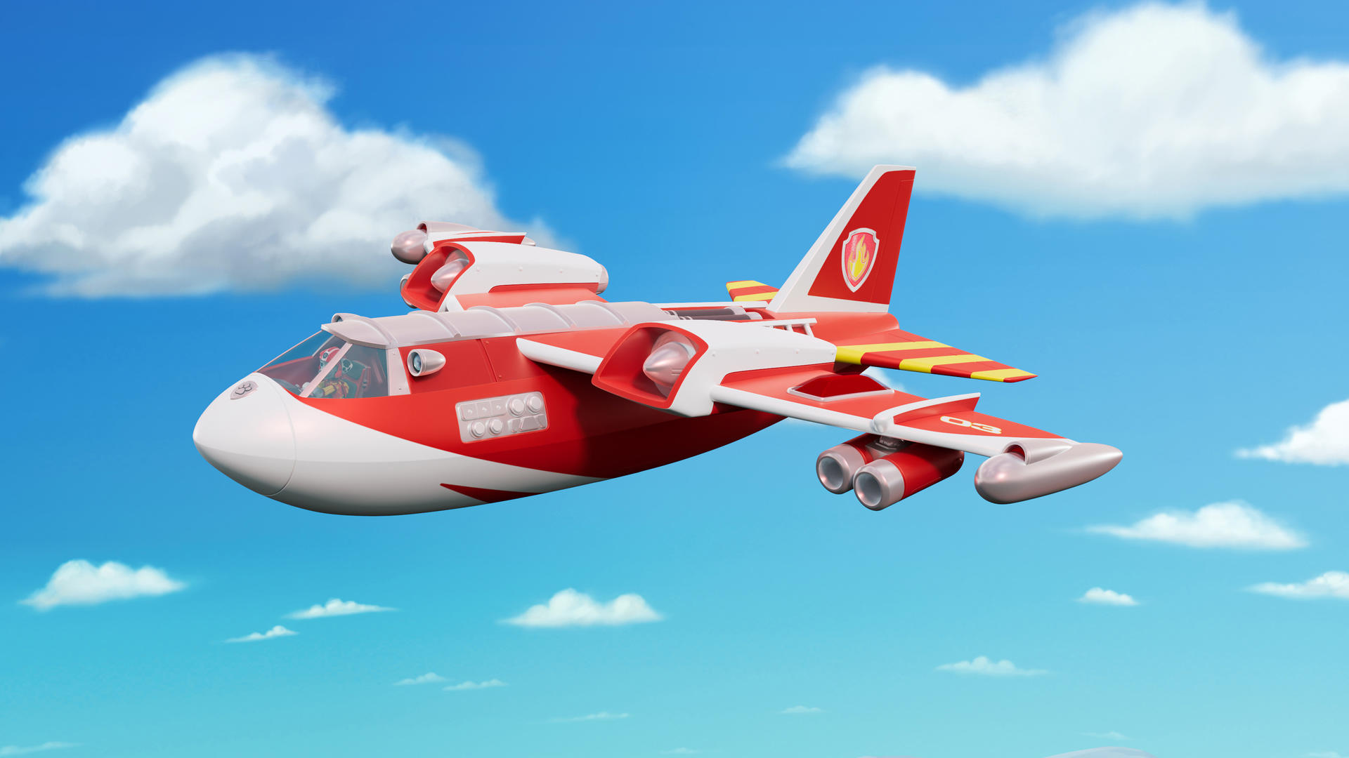 Cartoon-rotes und weißes Flugzeug fliegt am Himmel mit Wolken.