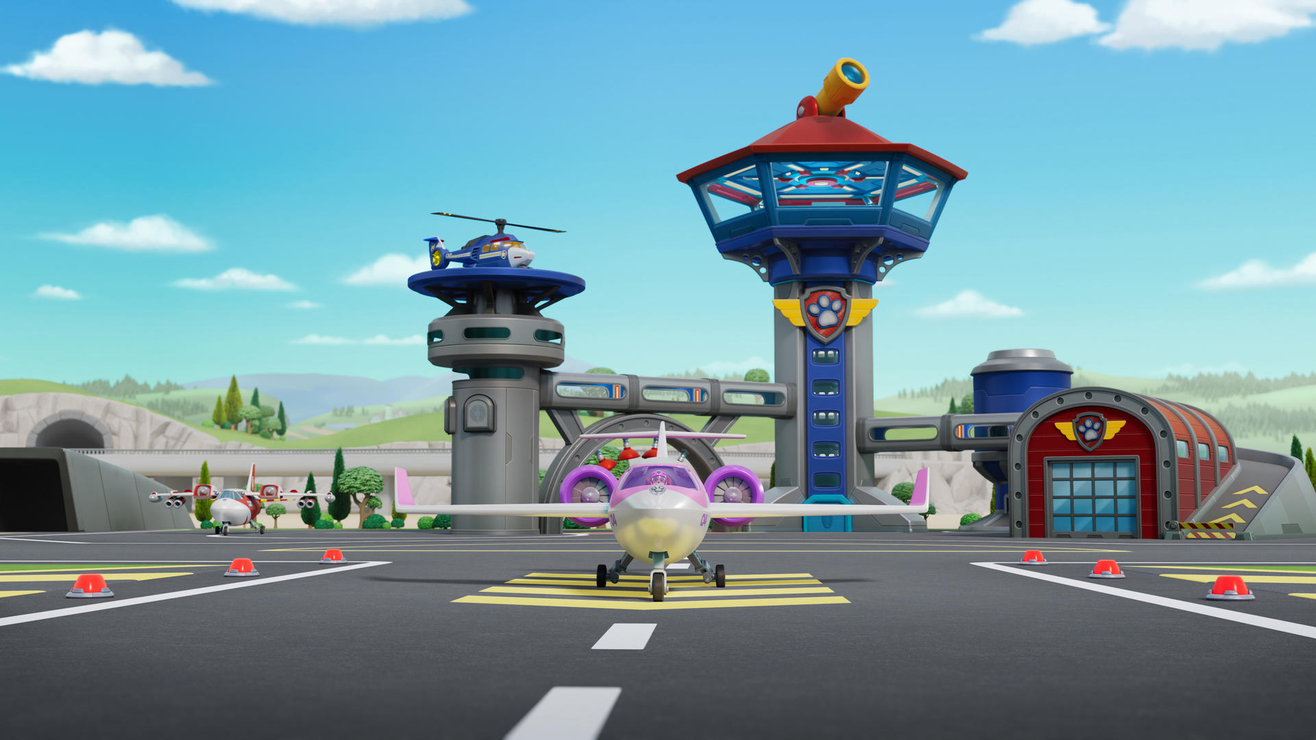 Cartoon-Flughafenszene mit Paw Patrol-Charakteren, Flugzeugen und Kontrollturm.