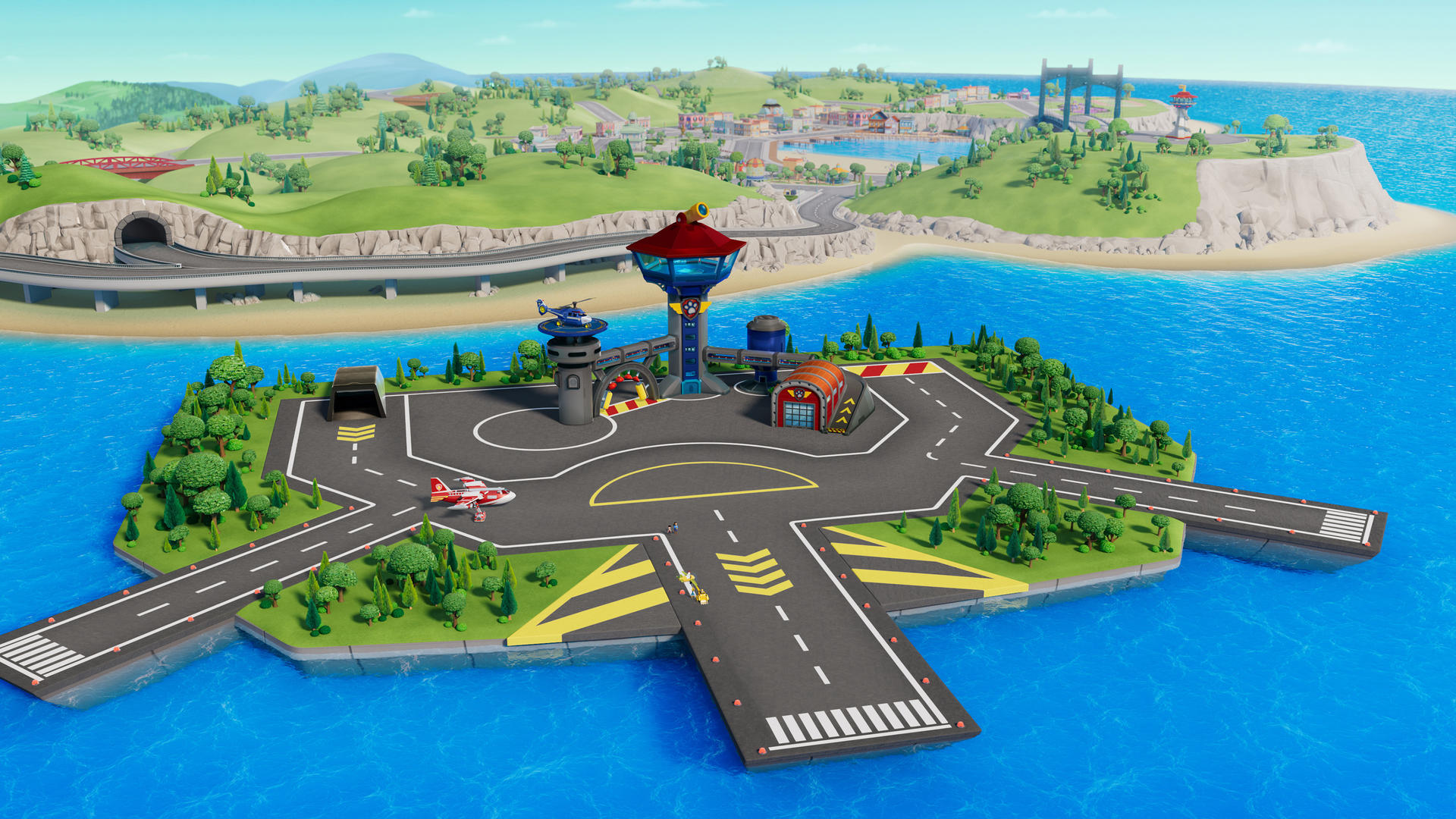 Cartoon-Insel-Flughafenszene mit Paw Patrol-Charakteren und verschiedenen Flugzeugen.