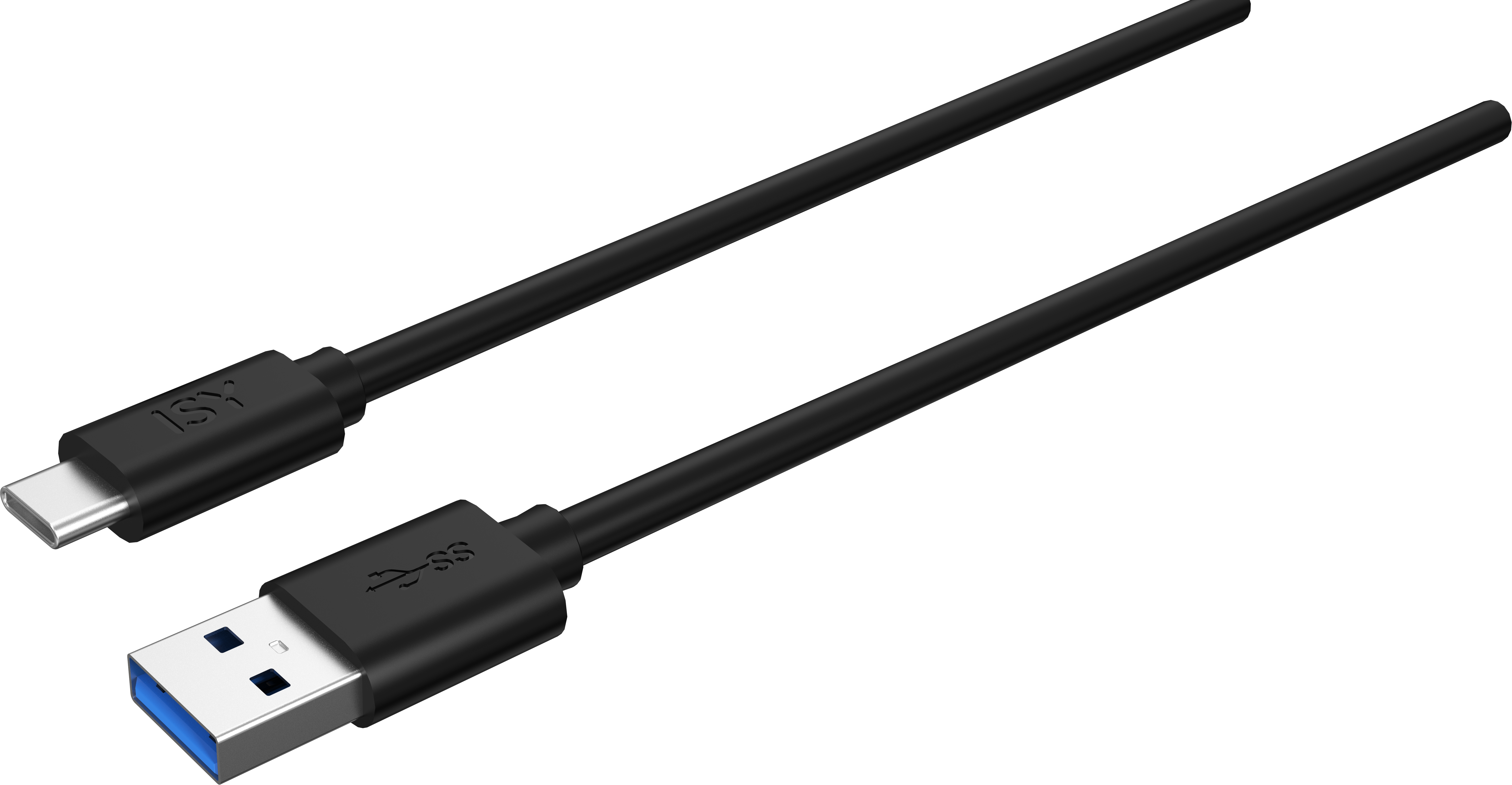 Câble USB noir avec connecteurs USB 3.0 et USB-C, sur fond noir.