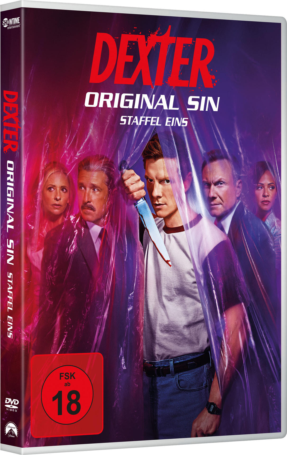 DVD-Cover für Dexter: Original Sin, mit einem Mann, der ein Messer hält.