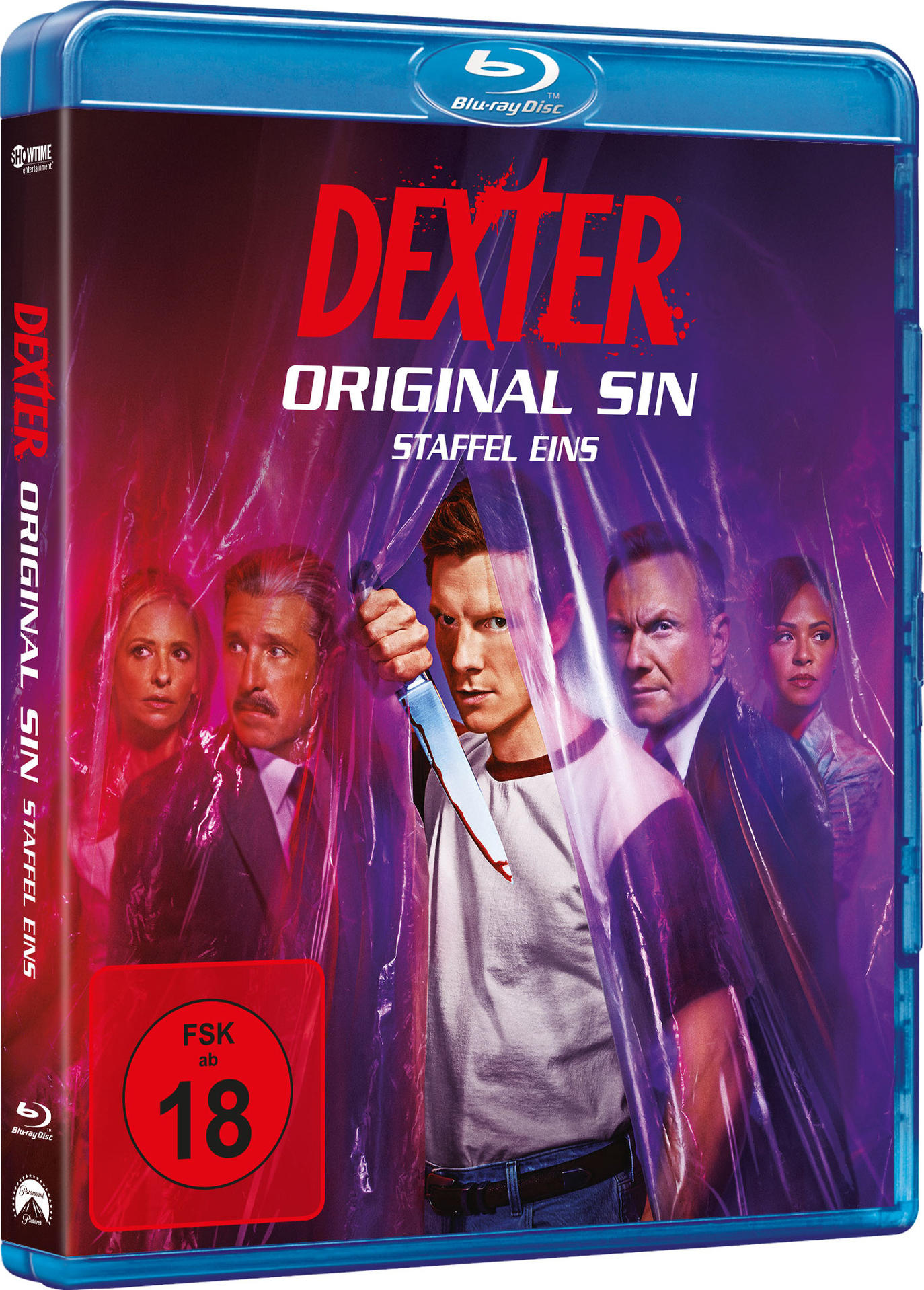 Blu-ray-Cover für Dexter: Original Sin, mit einem Mann, der ein Messer hält.