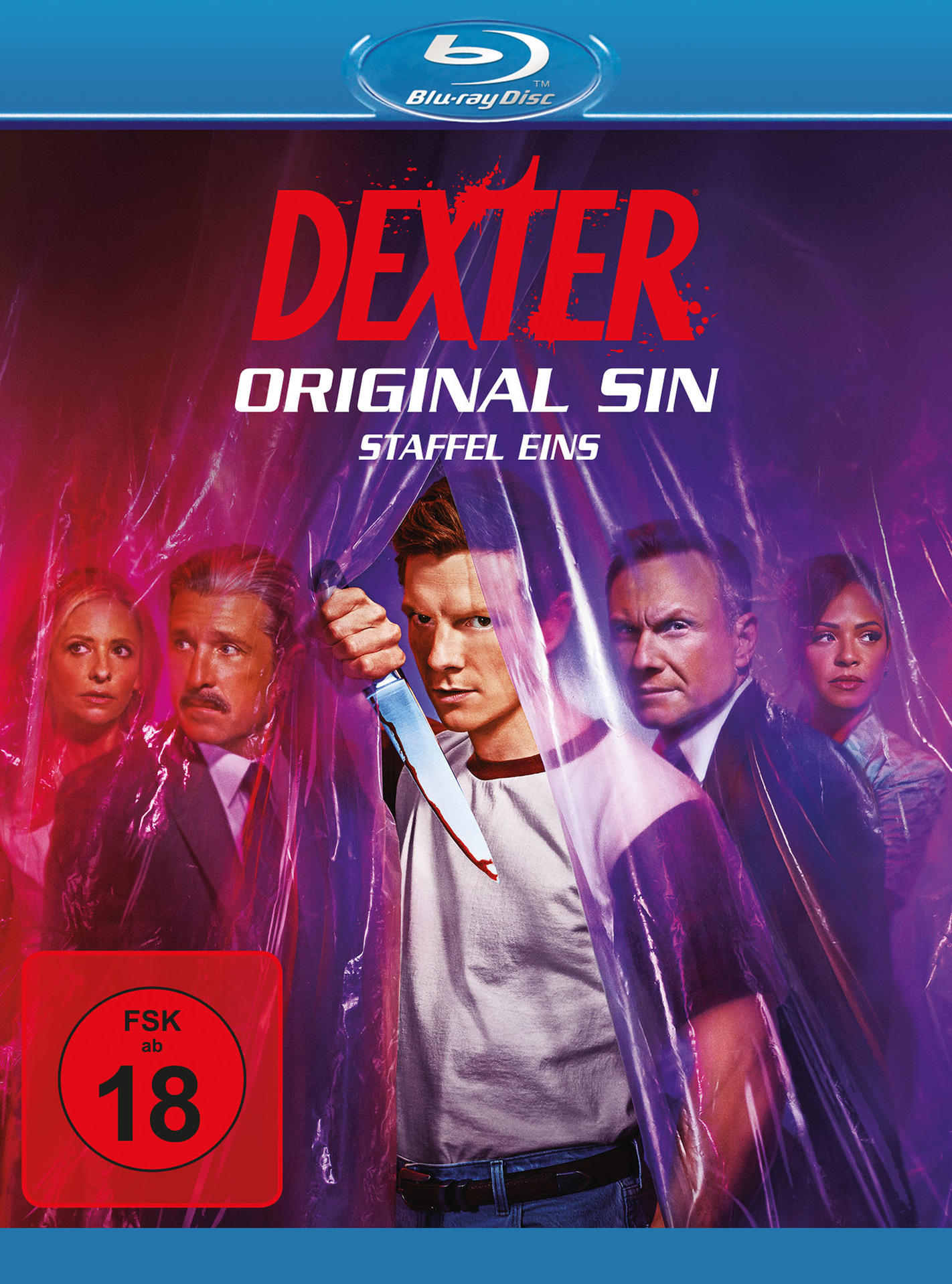 Blu-ray-Cover für Dexter: Original Sin, mit einem Mann, der ein Messer hält.