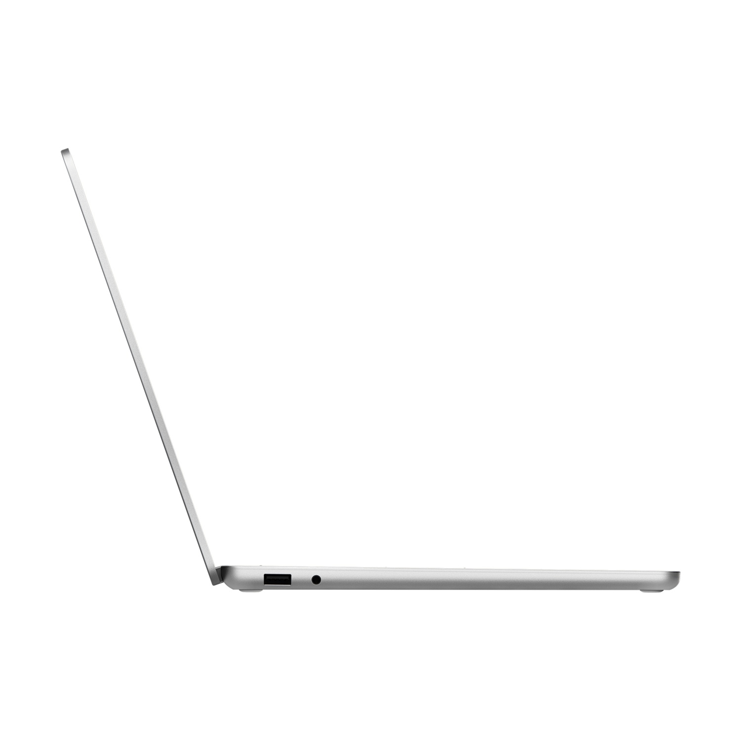 Laptop argentato, vista laterale, schermo aperto. Sfondo bianco.
