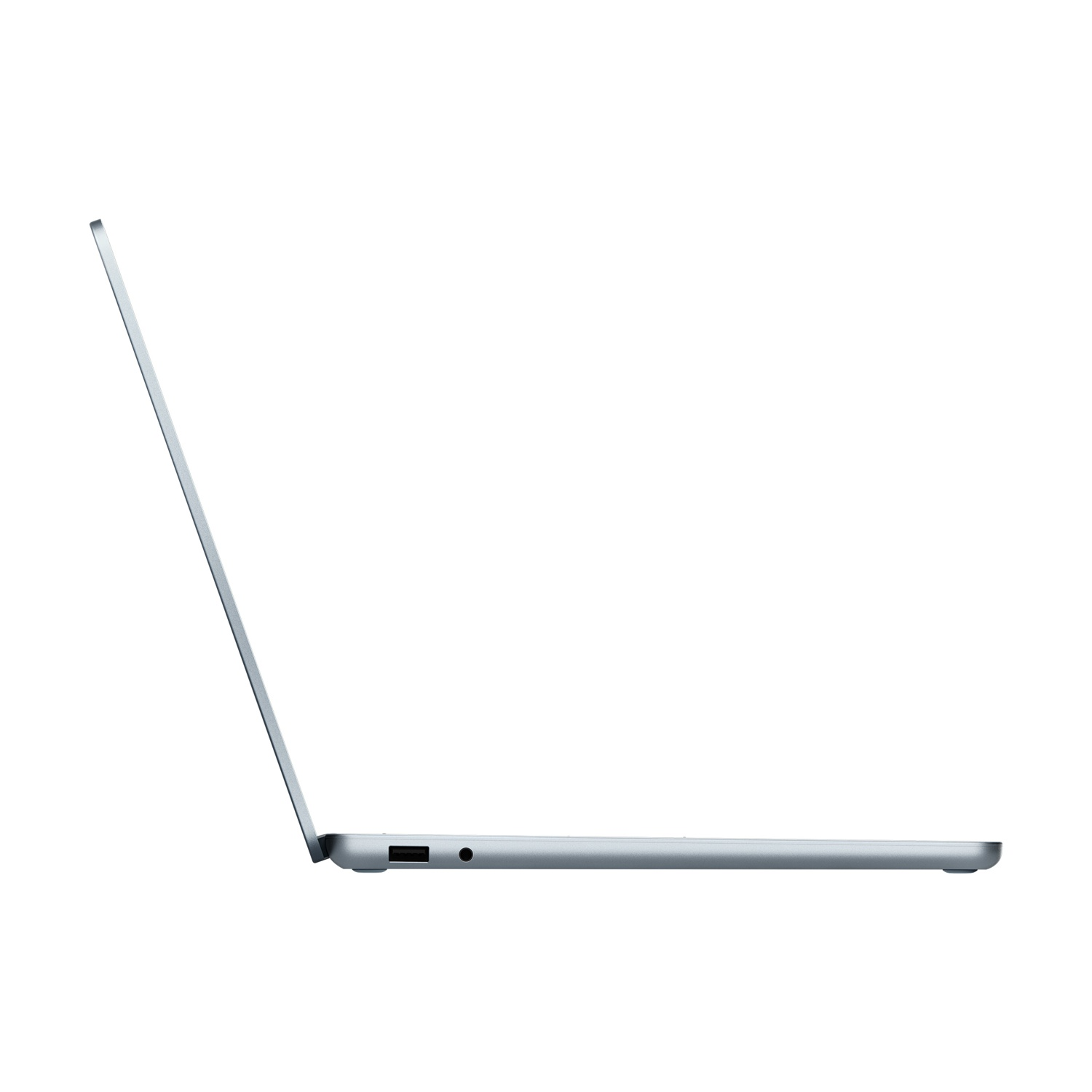 Laptop argento, vista laterale, aperto, che mostra il suo profilo su sfondo bianco.