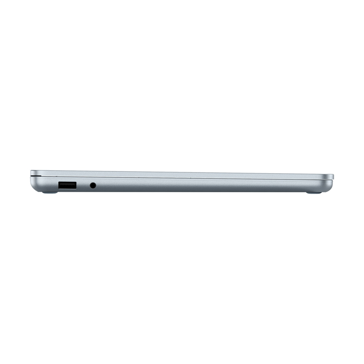 Una vista laterale di un laptop sottile e argentato, che mostra le porte e un design elegante.