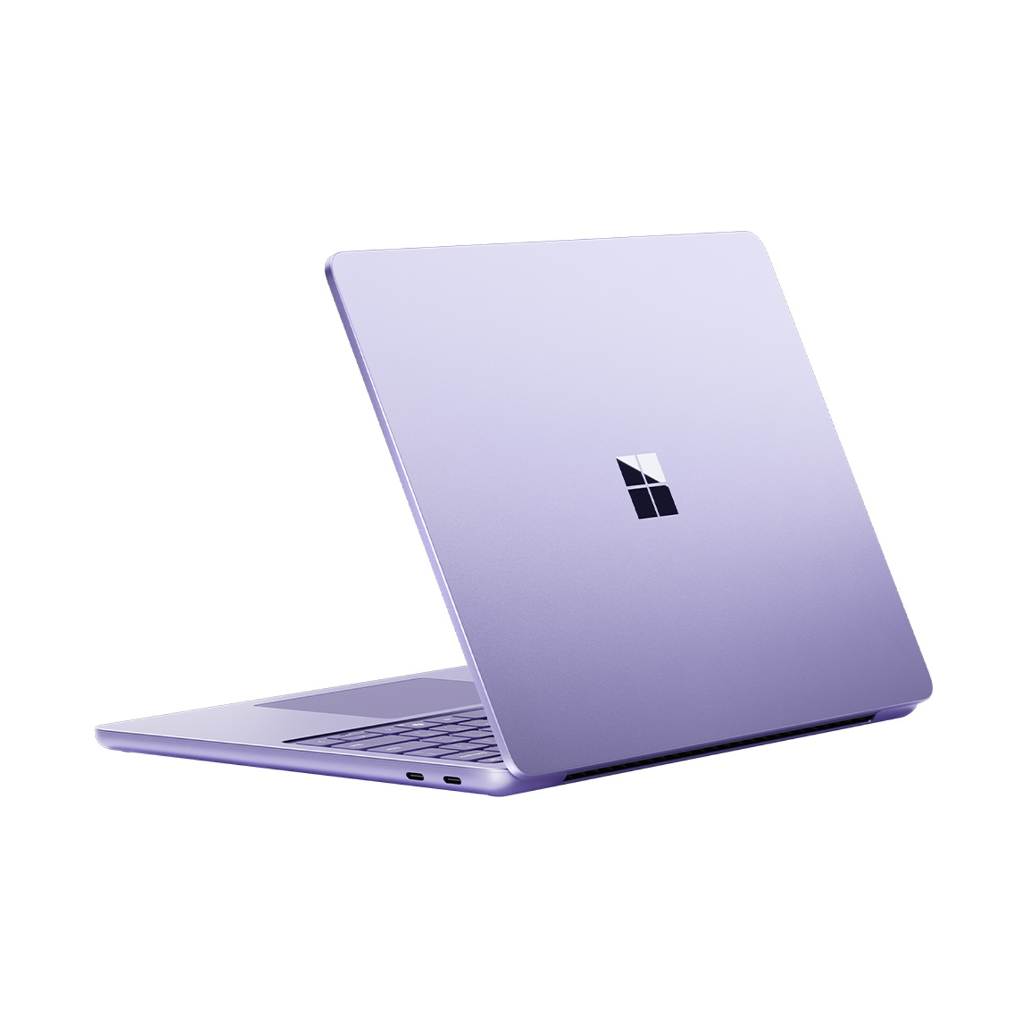 Laptop viola, vista posteriore, che mostra il logo e il coperchio aperto.