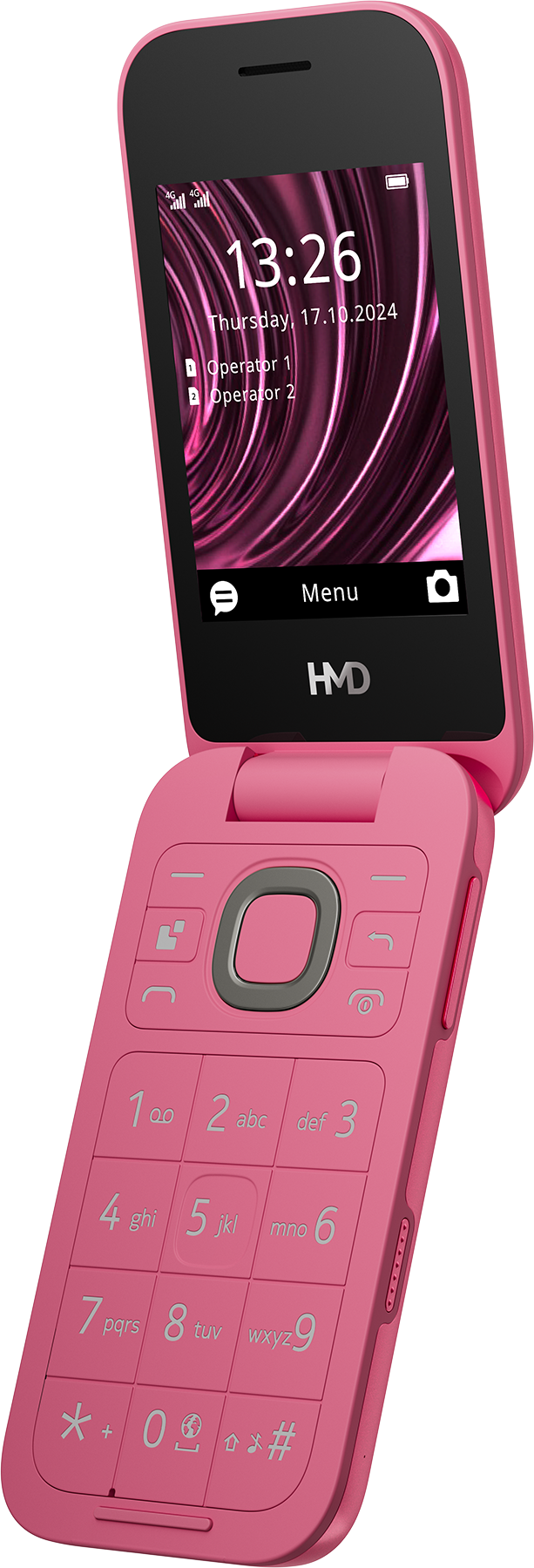Rózsaszín kagylótelefon nyitva, időt és dátumot mutat. Rózsaszín háttér.