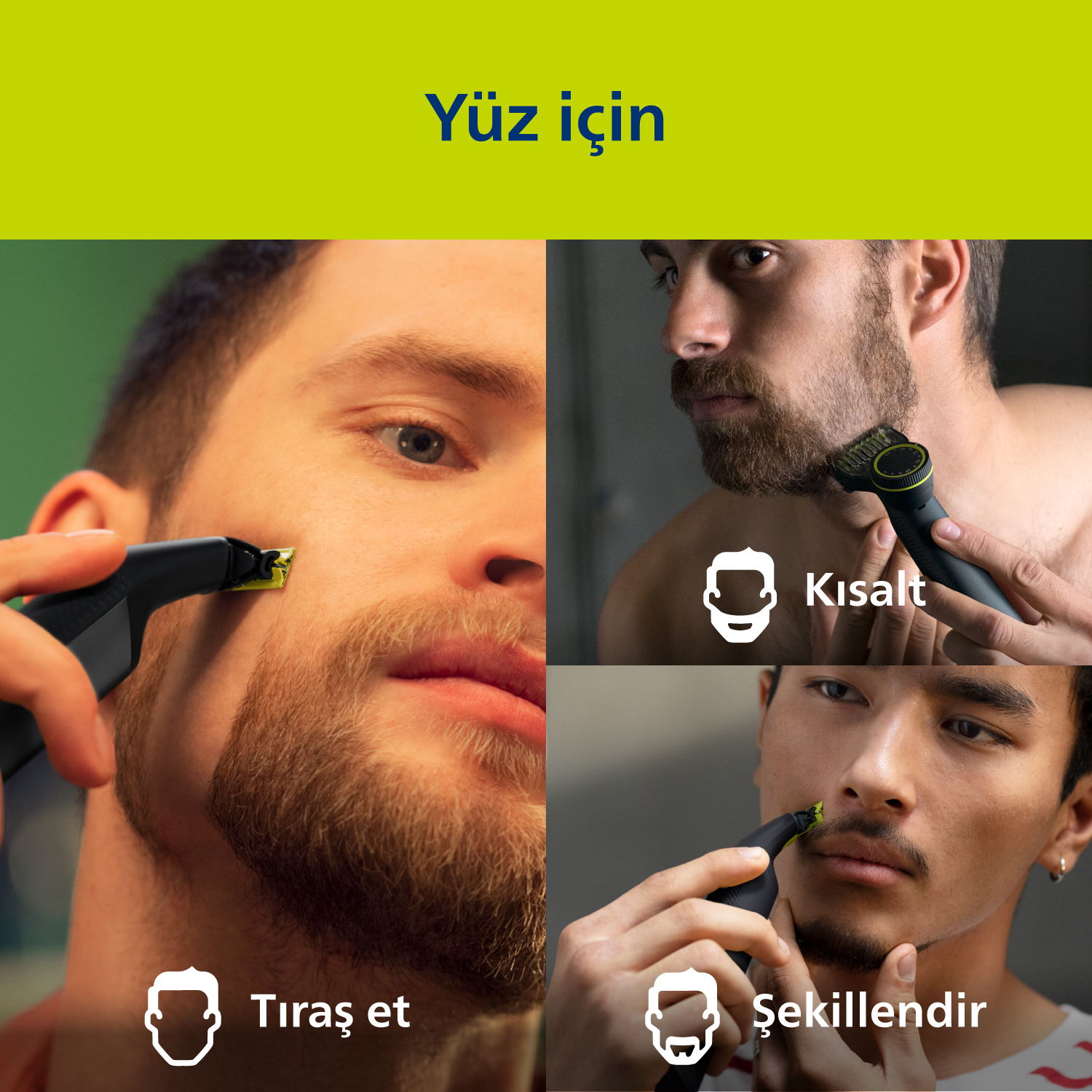 Erkekler yüzlerini tıraş ediyor, Philips OneBlade Pro'nun kullanımlarını gösteriyor.