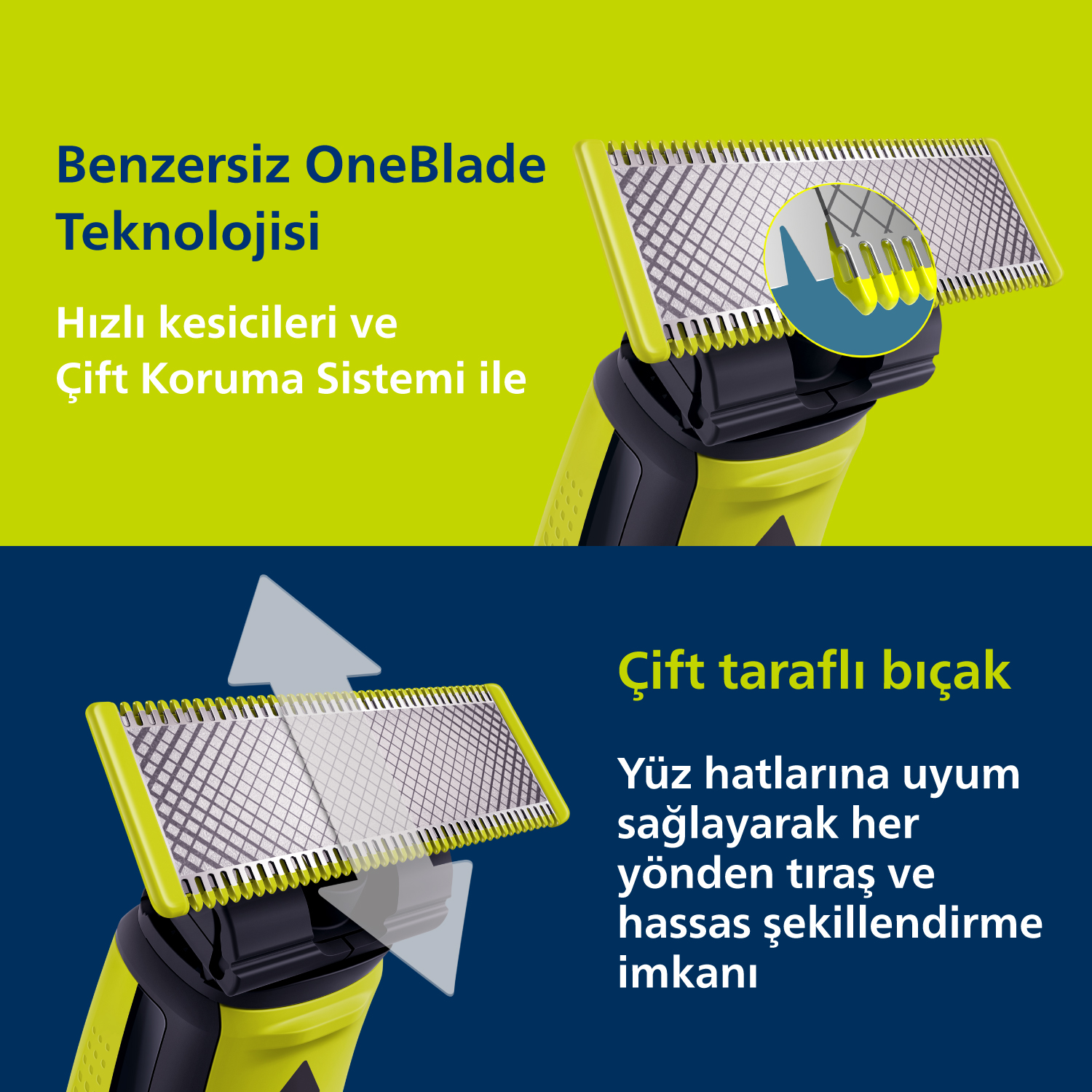 Philips OneBlade Pro bıçağının yakın çekimi, benzersiz teknolojiyi vurguluyor.