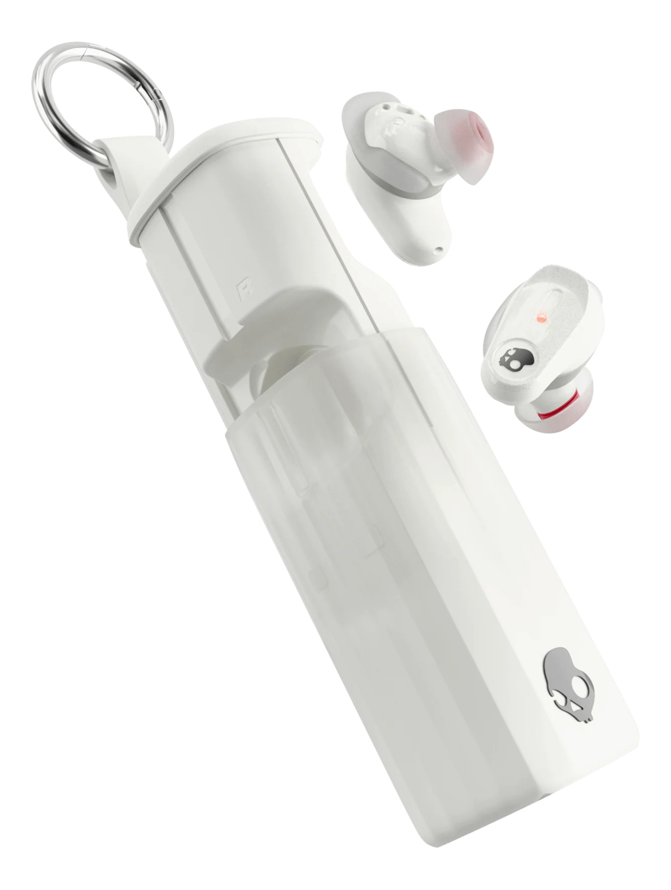 Écouteurs blancs avec étui. Deux écouteurs sont hors de l'étui. Le logo Skullcandy sur l'étui.