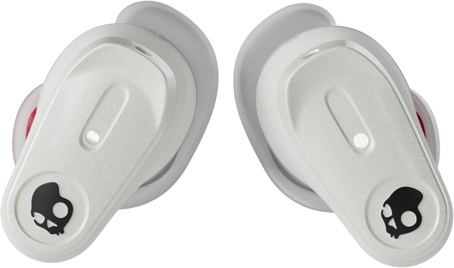 Deux écouteurs blancs avec le logo Skullcandy. Les écouteurs ont des accents gris et rouges.