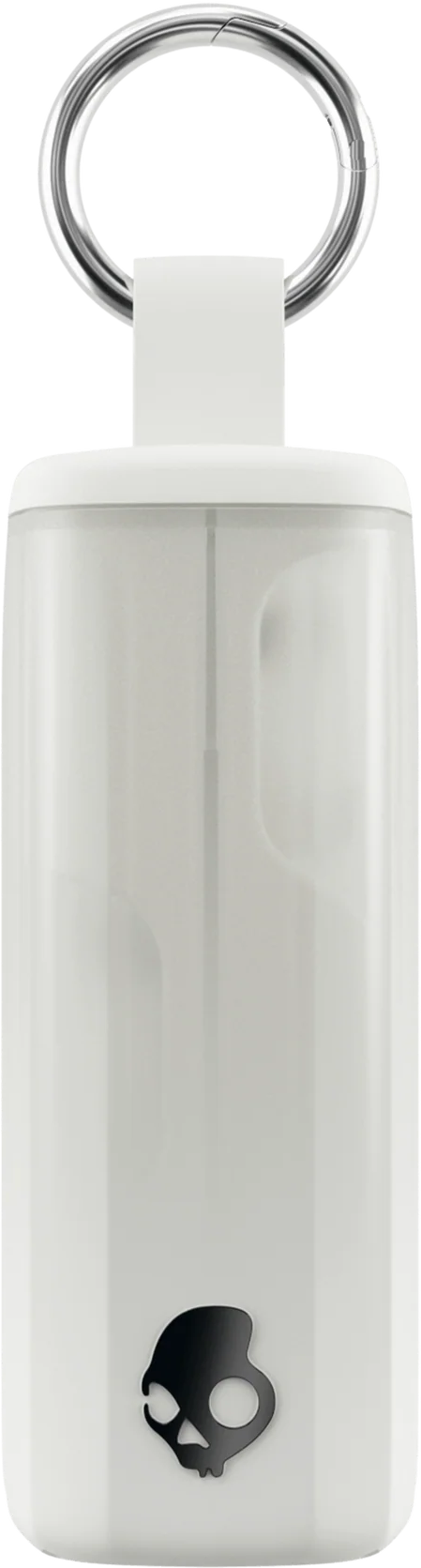 Étui Skullcandy blanc avec un anneau argenté. Le logo Skullcandy est en noir.