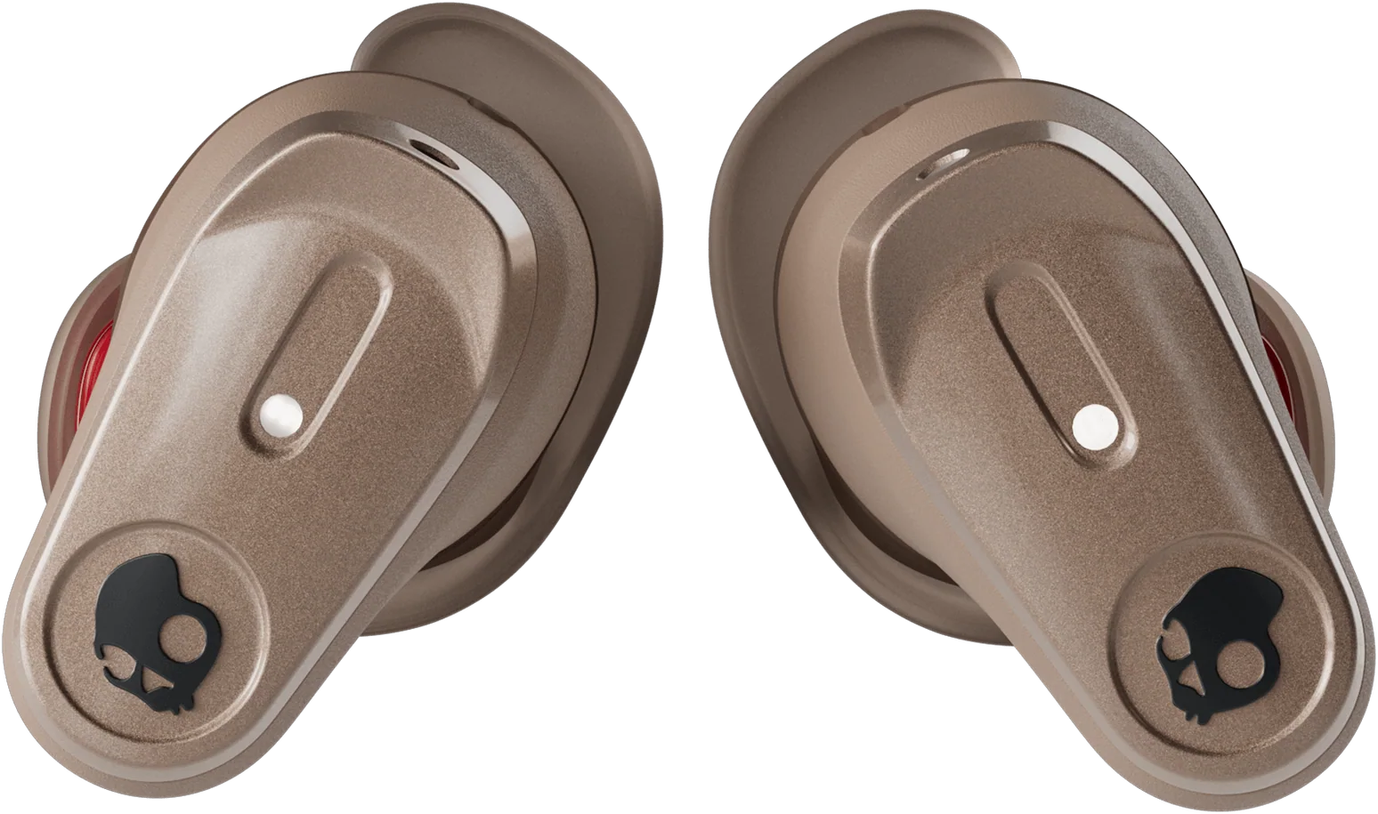 Zwei braune Ohrhörer mit dem Skullcandy-Logo. Die Ohrhörer sind auf schwarzem Hintergrund.