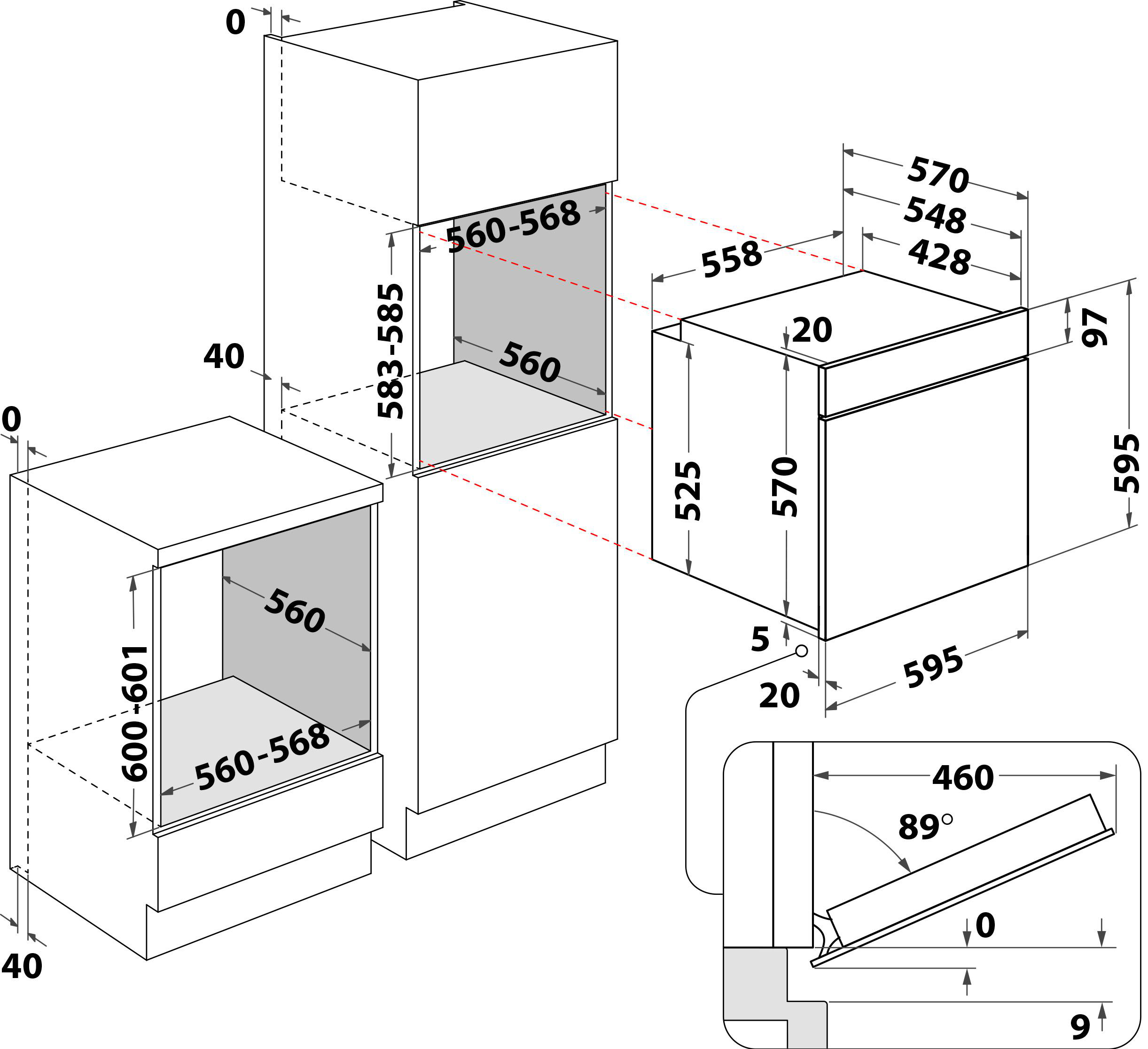 Diagramm mit Abmessungen eines Einbauofens und -schranks. Der Ofen ist im Schrank dargestellt.