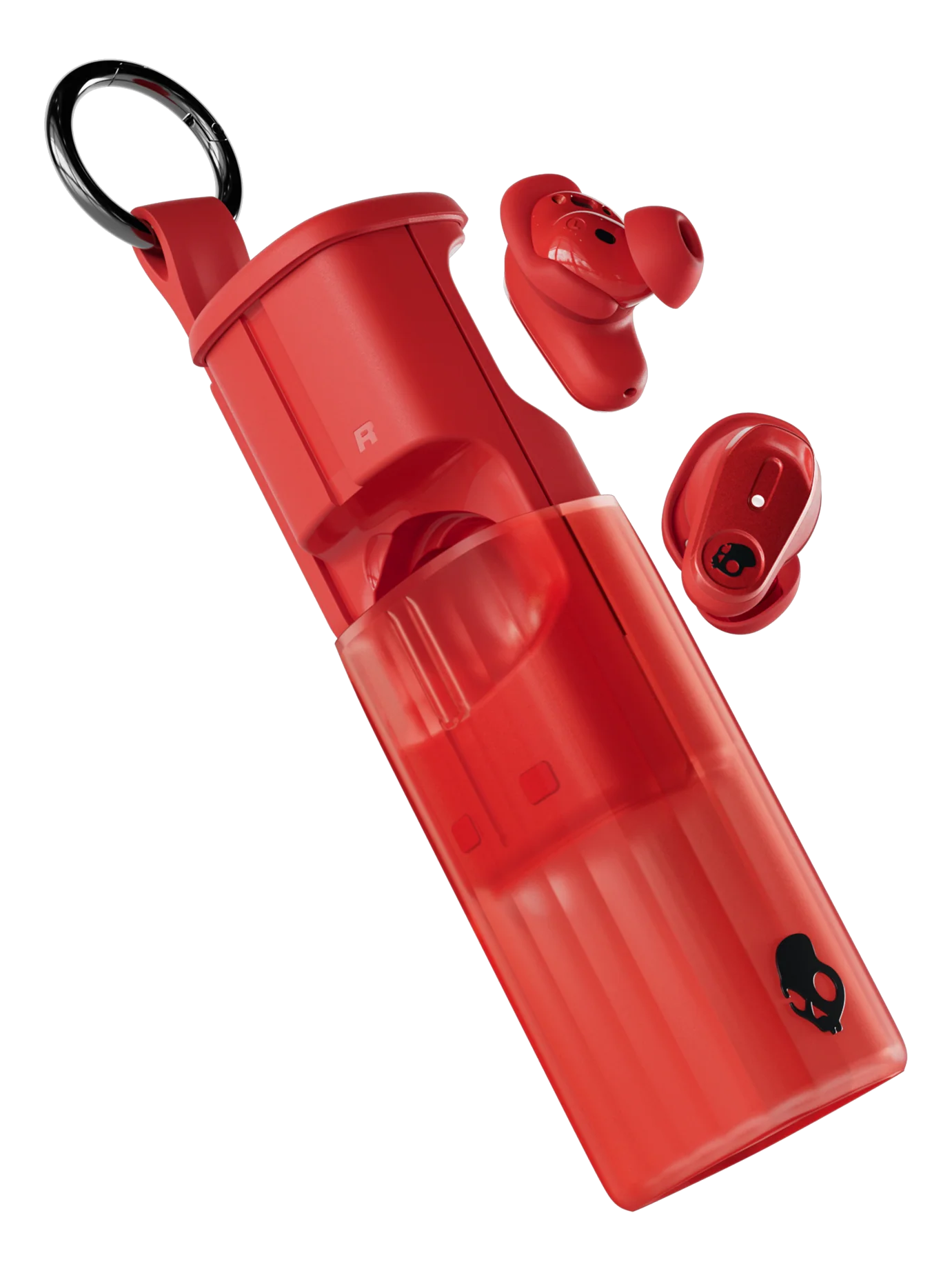Rote Ohrhörer und Etui, mit Totenkopf-Logo, auf schwarzem Hintergrund.