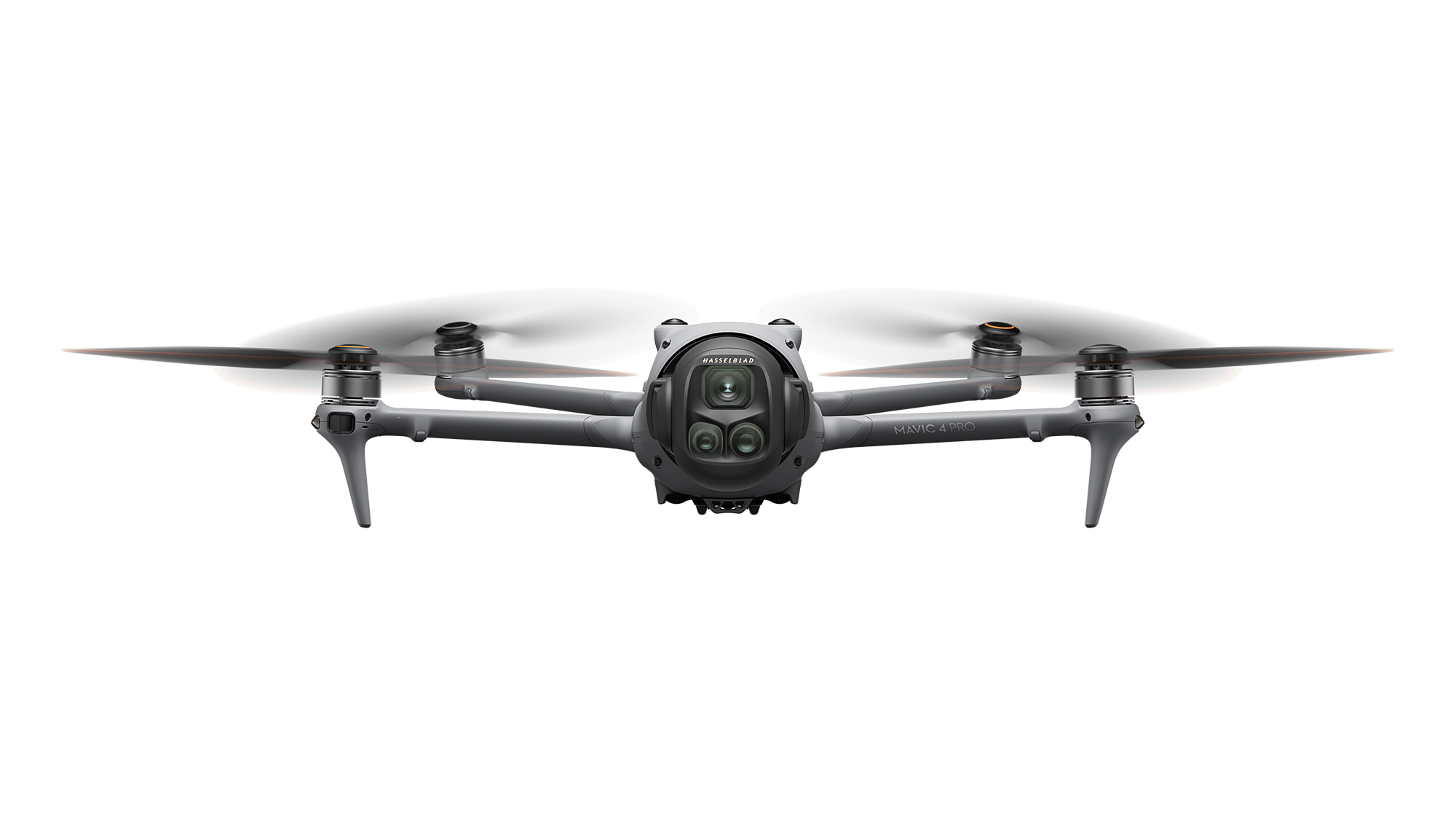 Dört pervaneli, önden görünüşlü, çoklu kameralı gri bir drone.
