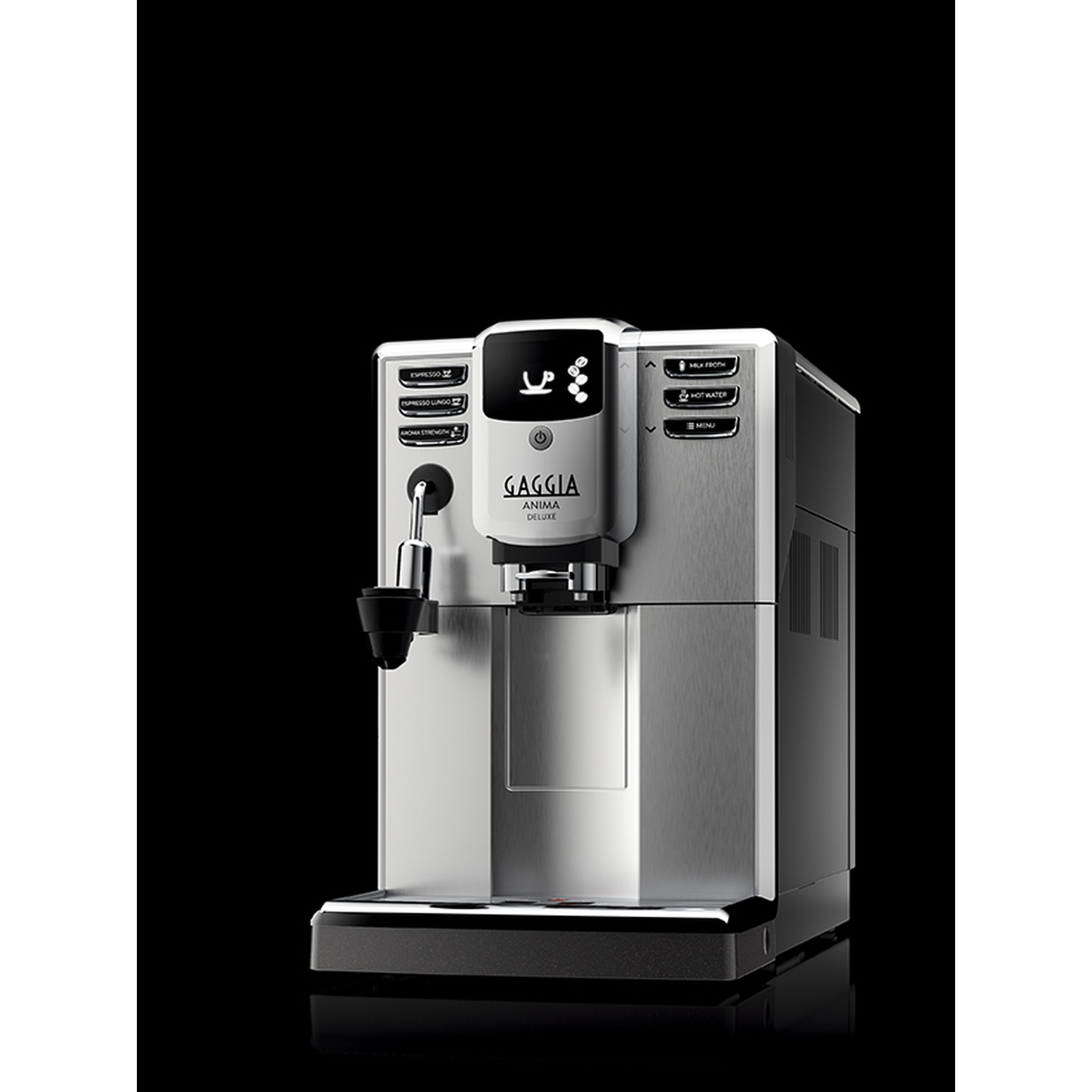 Una macchina da caffè argento e nera con logo Gaggia. Lo sfondo è nero.