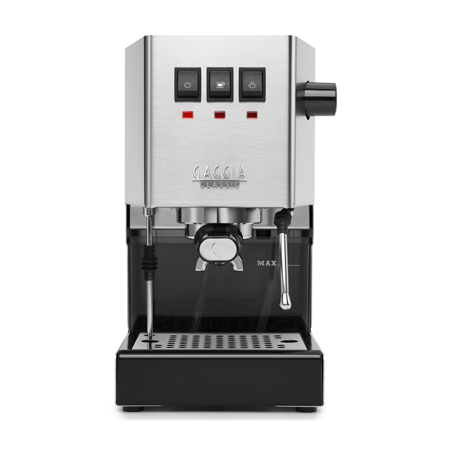 Macchina per caffè espresso Gaggia Classic argentata con pulsanti e un serbatoio dell'acqua.