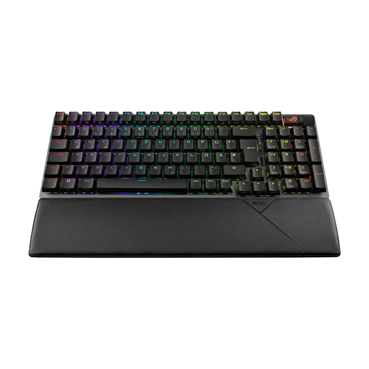 Tastiera nera con tasti retroilluminati multicolore e poggiapolsi con il logo ROG.