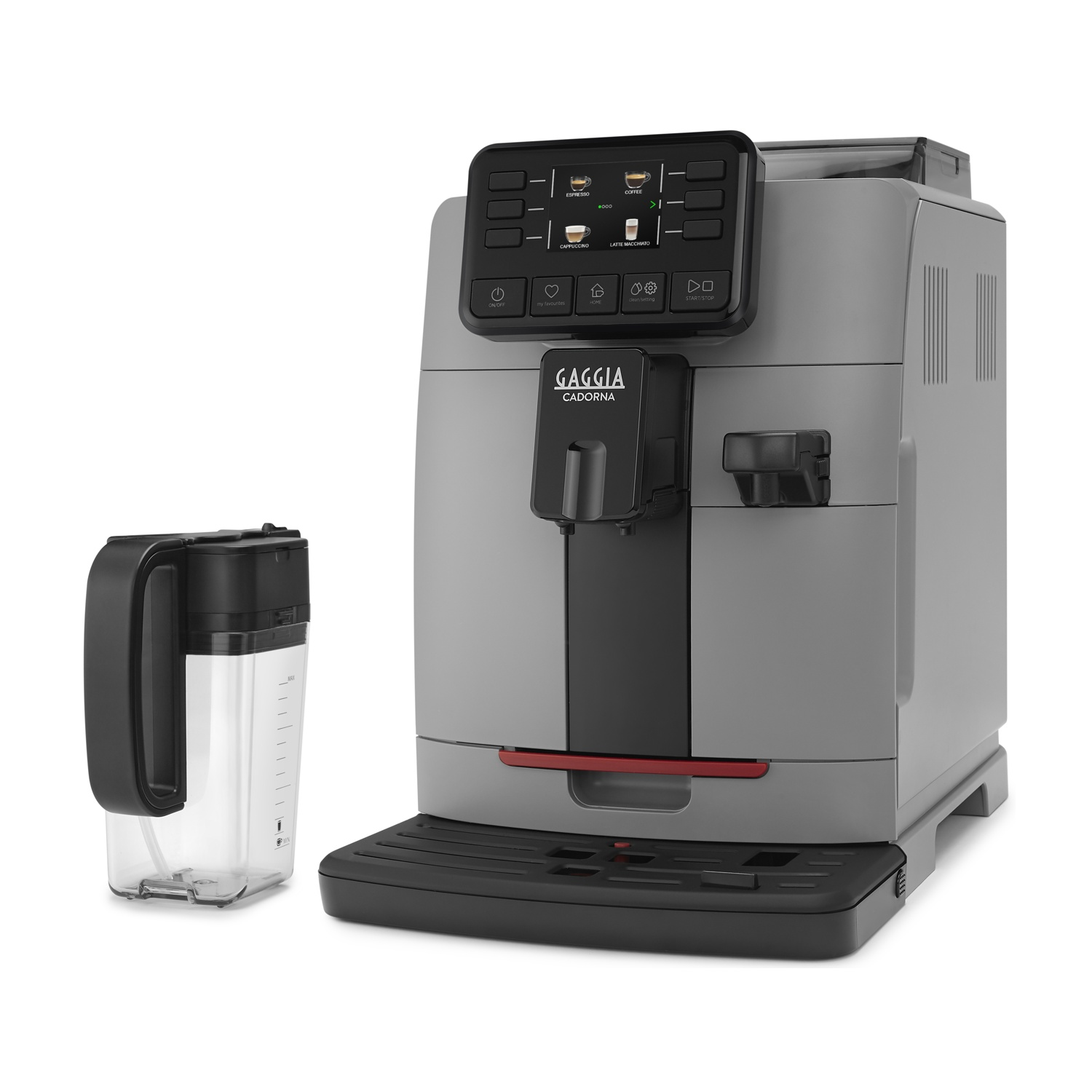 Macchina da caffè Gaggia Cadorna grigia con un contenitore per l'acqua. La macchina è su sfondo bianco.