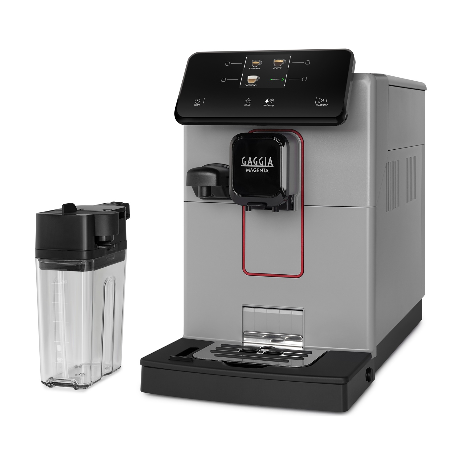 Macchina da caffè Gaggia Magenta grigia e nera con un contenitore d'acqua separato. La macchina ha una linea rossa.