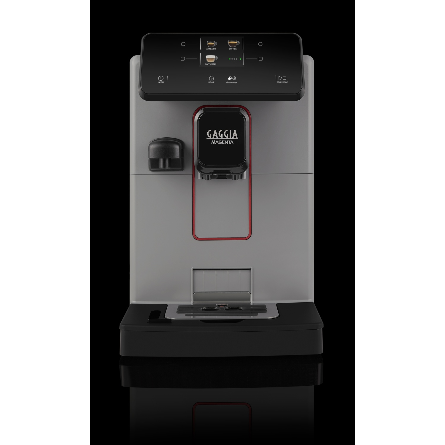 Macchina da caffè con pannello frontale nero e rifiniture rosse.