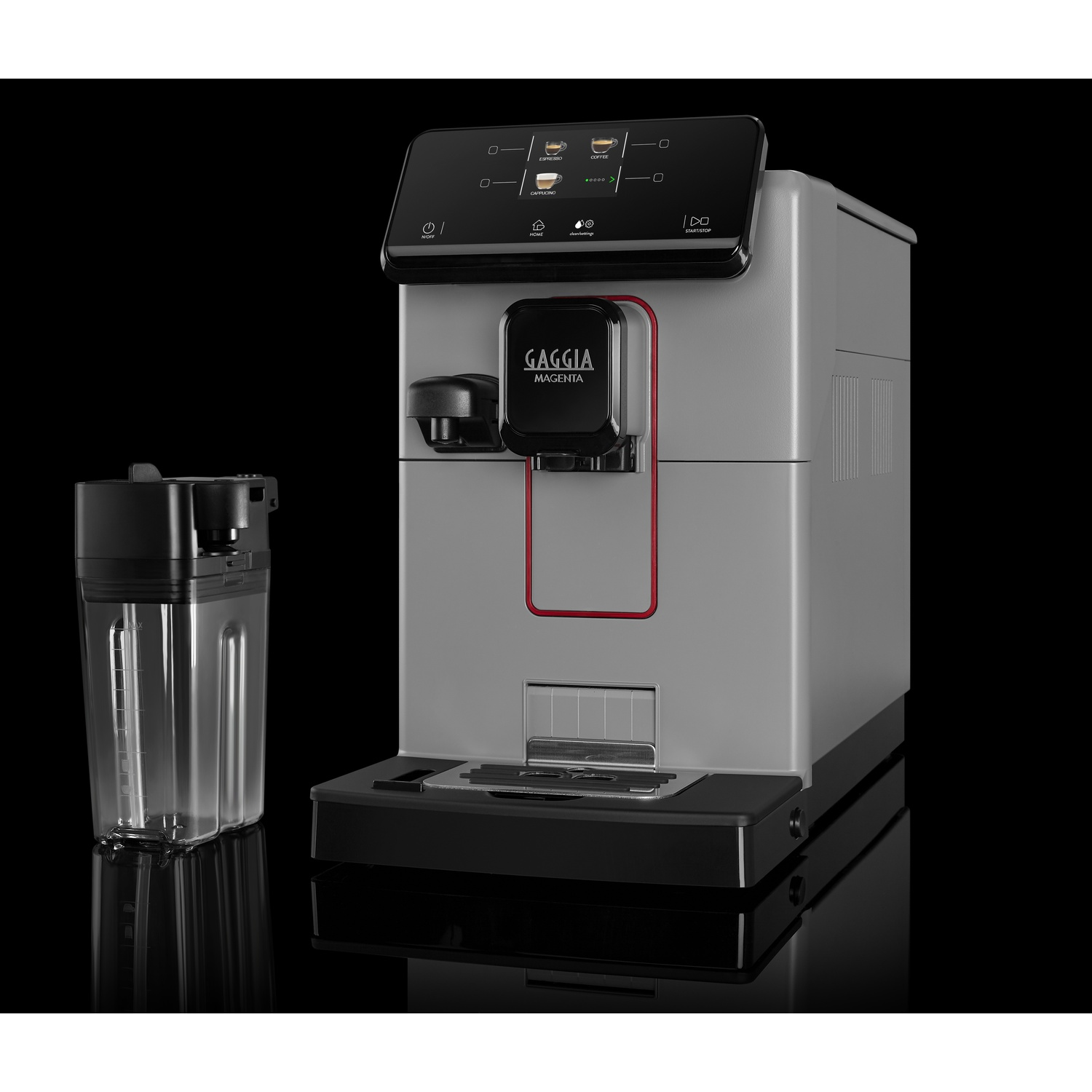 Macchina da caffè con contenitore dell'acqua e pannello frontale nero.