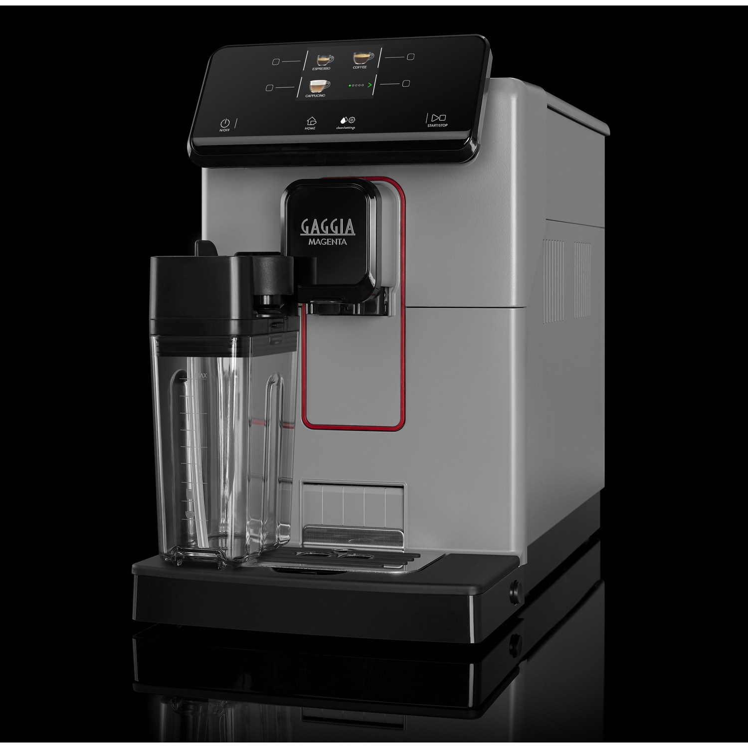 Macchina da caffè con contenitore dell'acqua e pannello frontale nero.