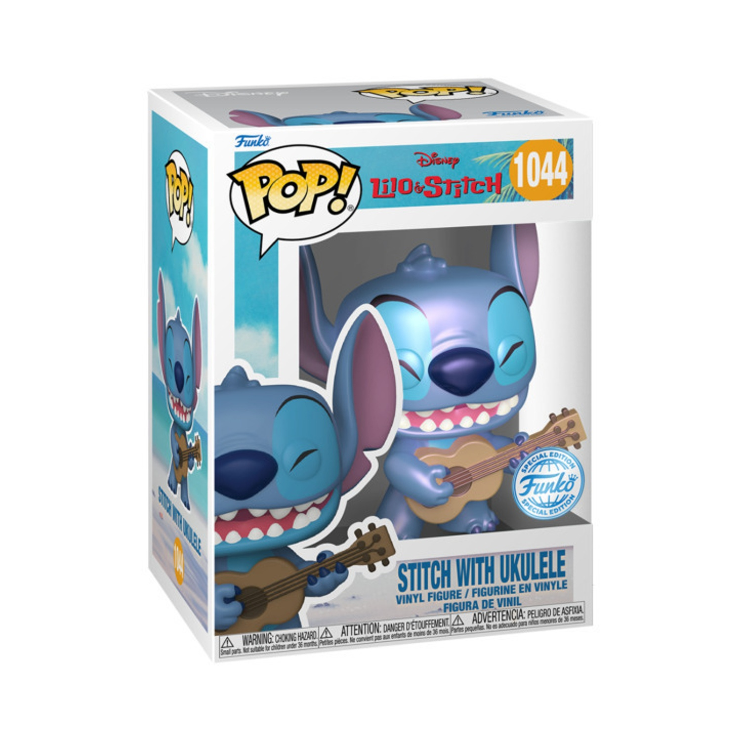 Stitch con ukulele Funko Pop figura in una scatola, con due immagini del personaggio.