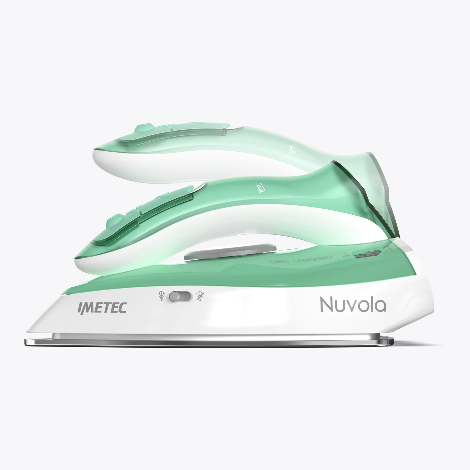 Due ferri da stiro impilati, design verde e bianco, vista laterale.