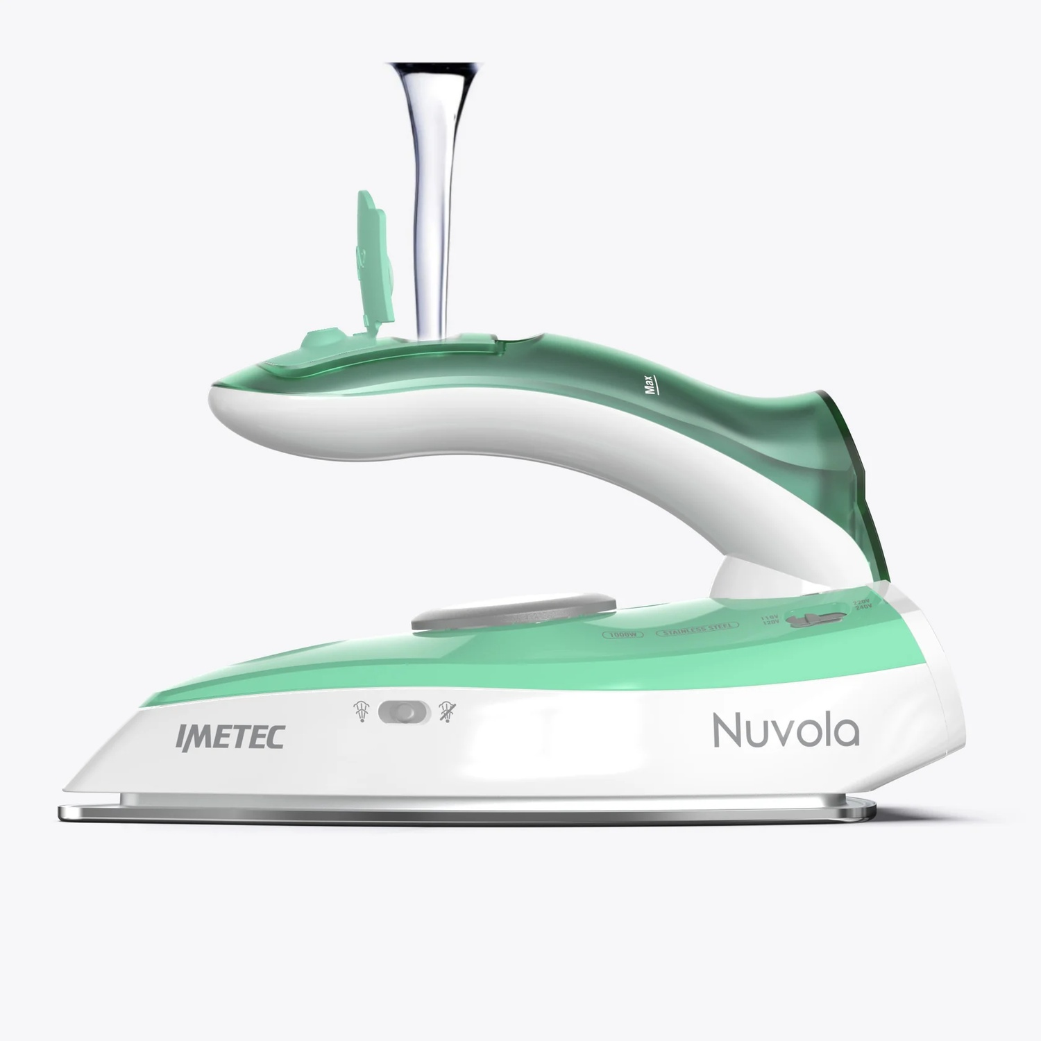 Un ferro da stiro con lo sportello di riempimento dell'acqua aperto, design bianco e verde.