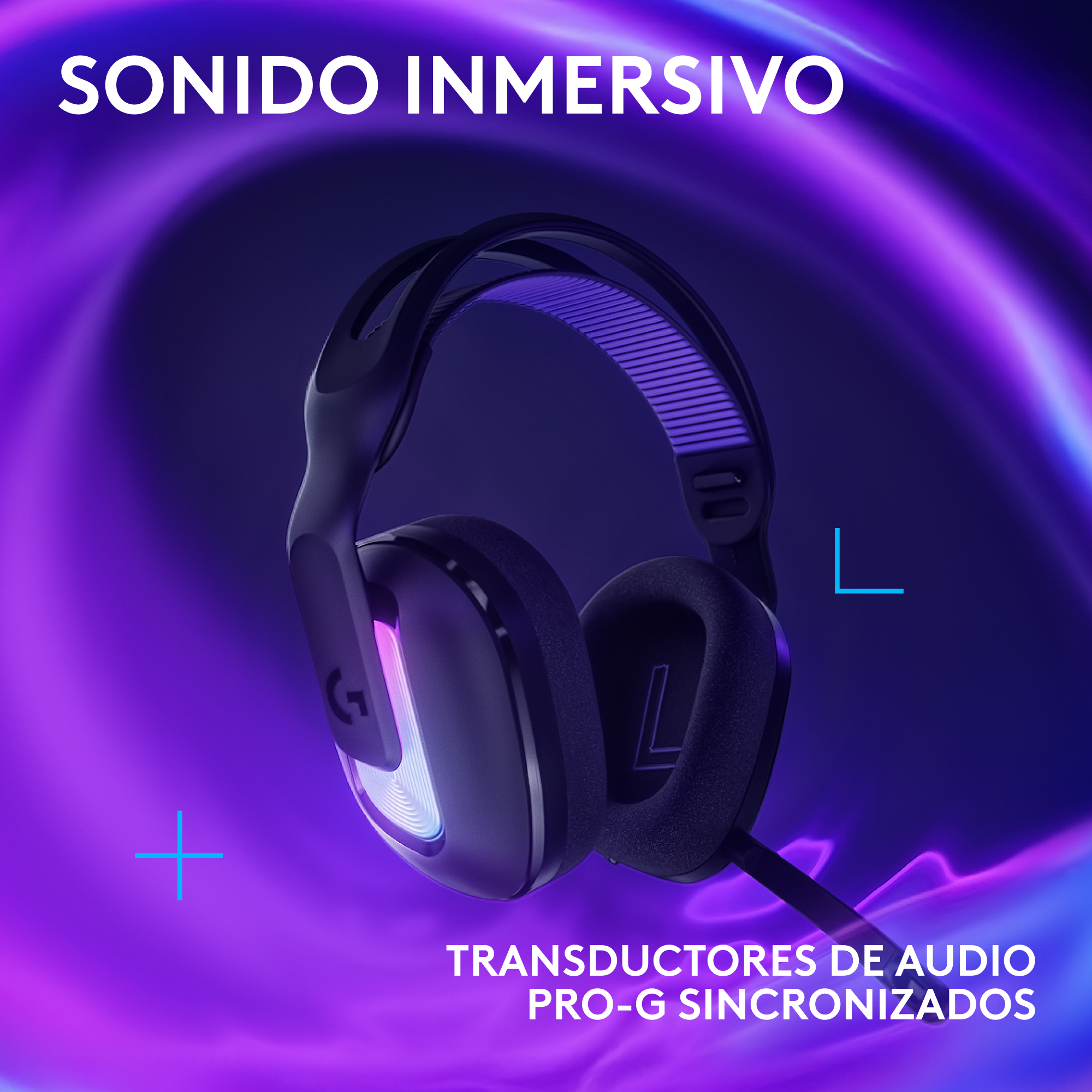 Auriculares negros sobre fondo morado con texto blanco.